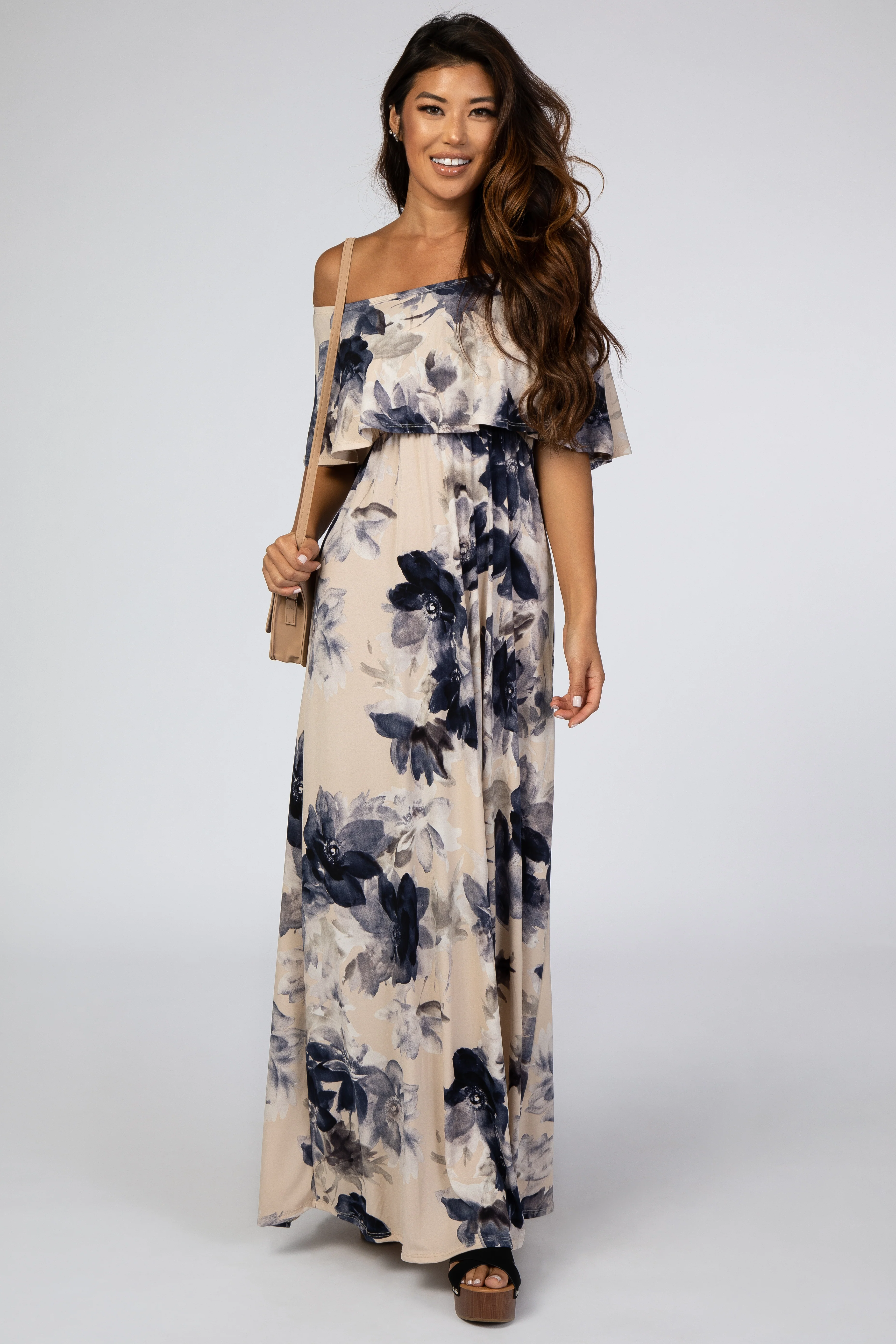 Taupe Navy Floral Off Shoulder Maternity Maxi Dress - Image 5