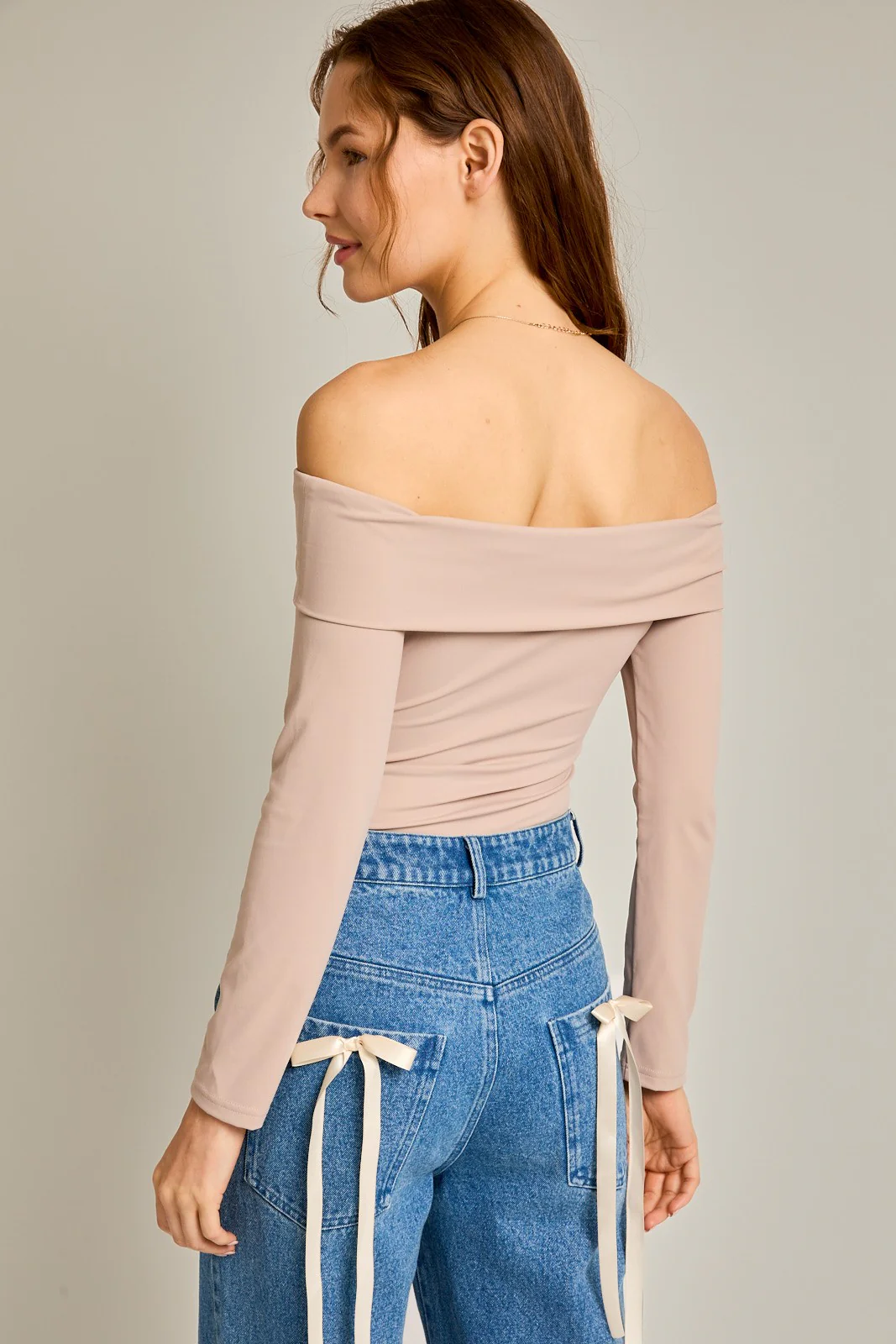 Taupe Off Shoulder Long Sleeve Bodysuit - Image 3