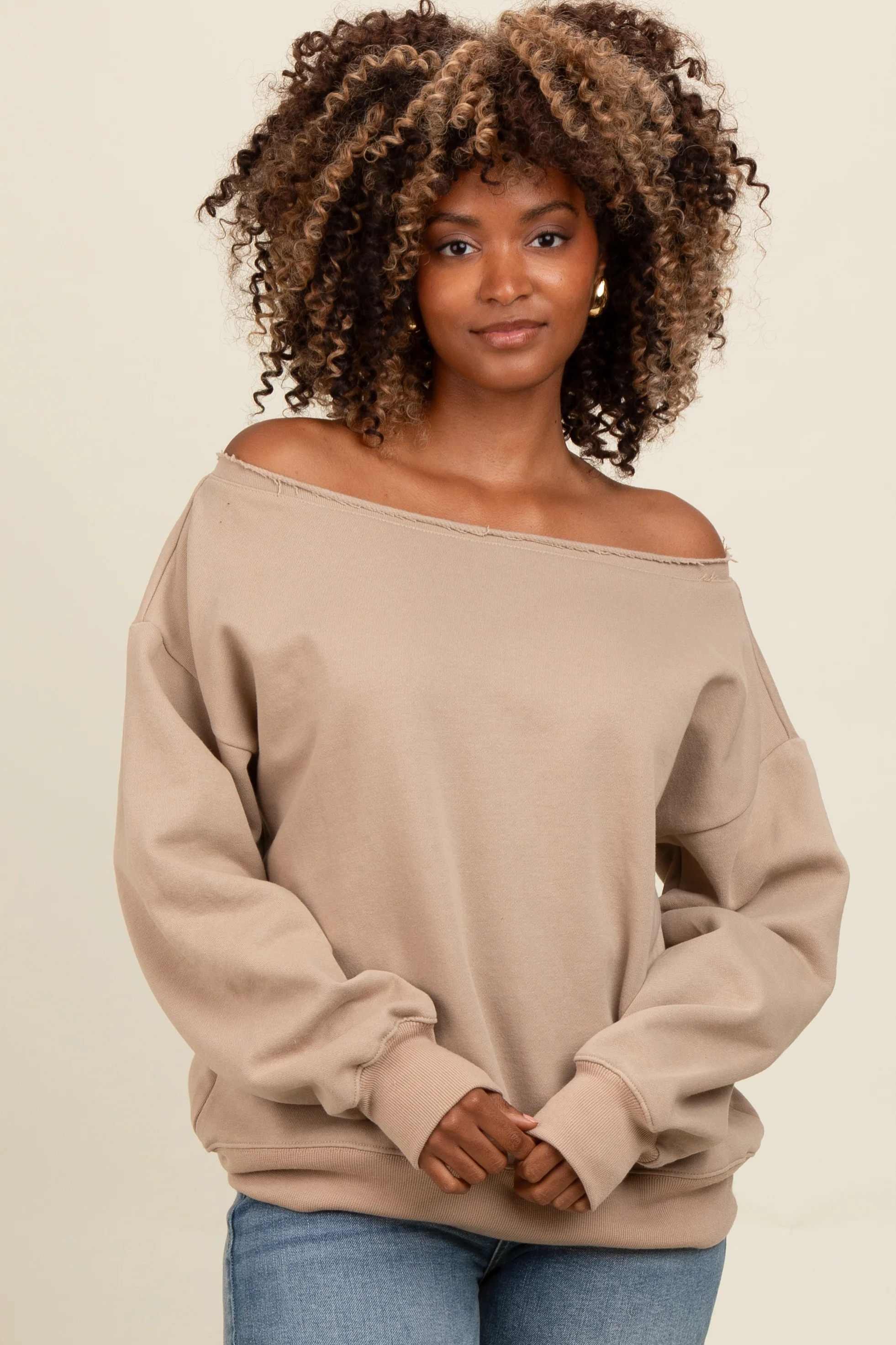 Taupe One Shoulder Maternity Sweatshirt - Image 5
