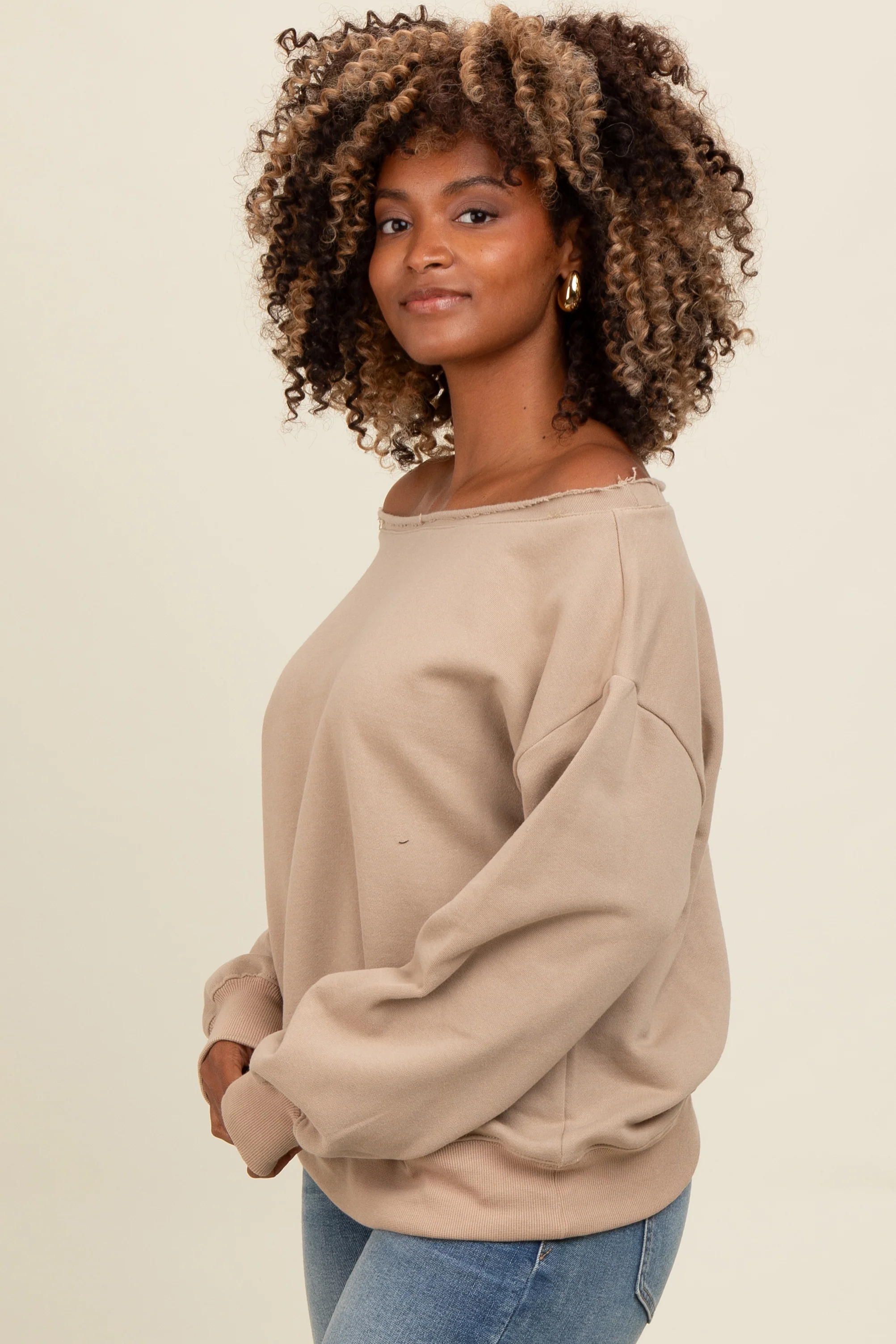 Taupe One Shoulder Sweatshirt - Image 3