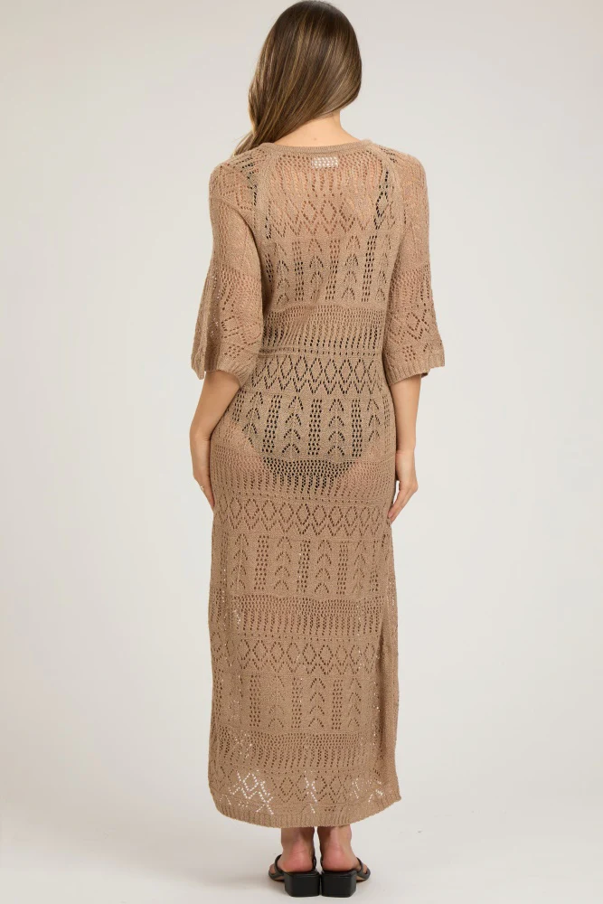 Taupe Open Knit Front Tie Side Slit Midi Maternity Swim Cover Up - Image 4