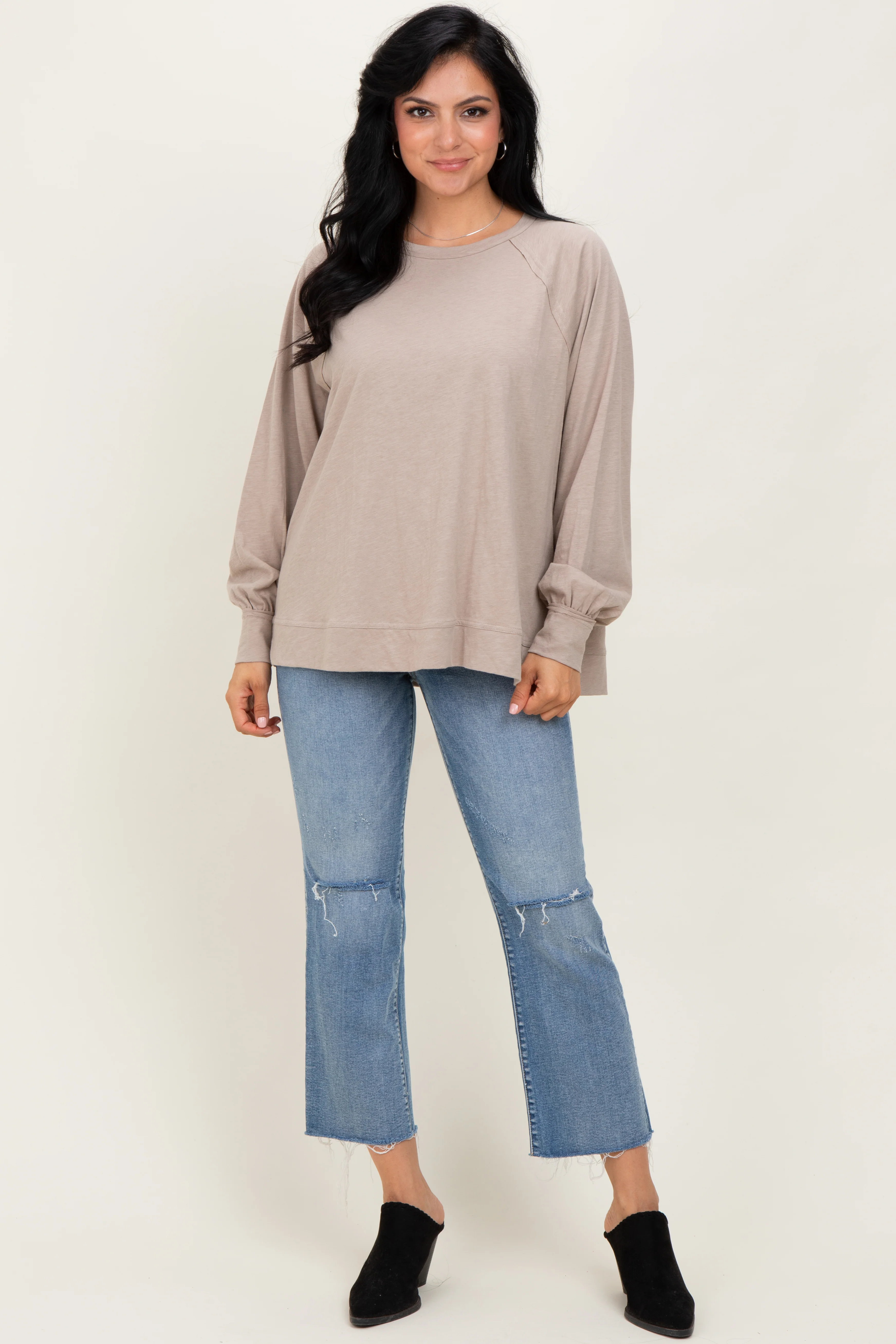 Taupe Oversized Cotton Slub Long Sleeve Top - Image 2