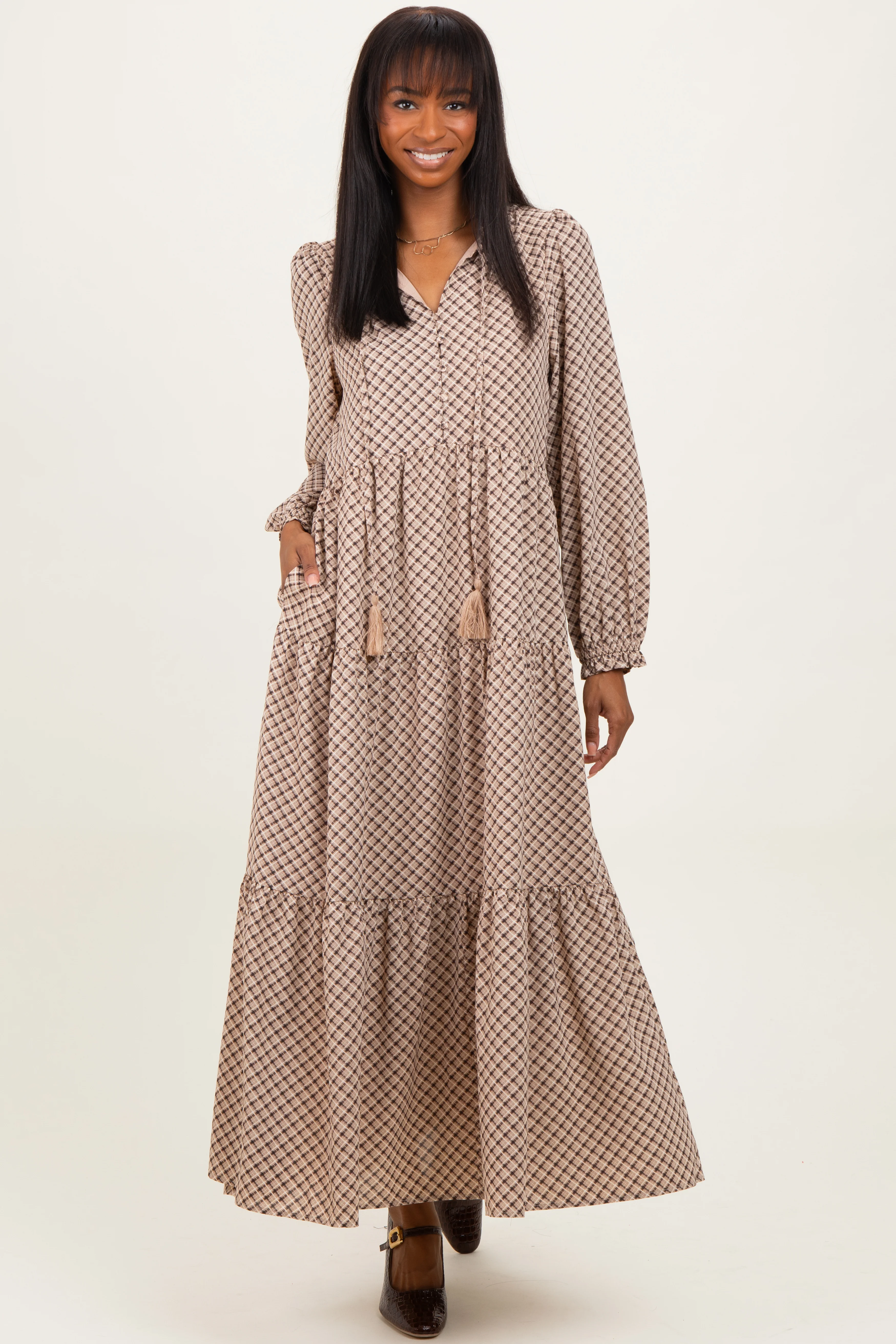 Taupe Plaid Tie Collar Tiered Maternity Maxi Dress - Image 5