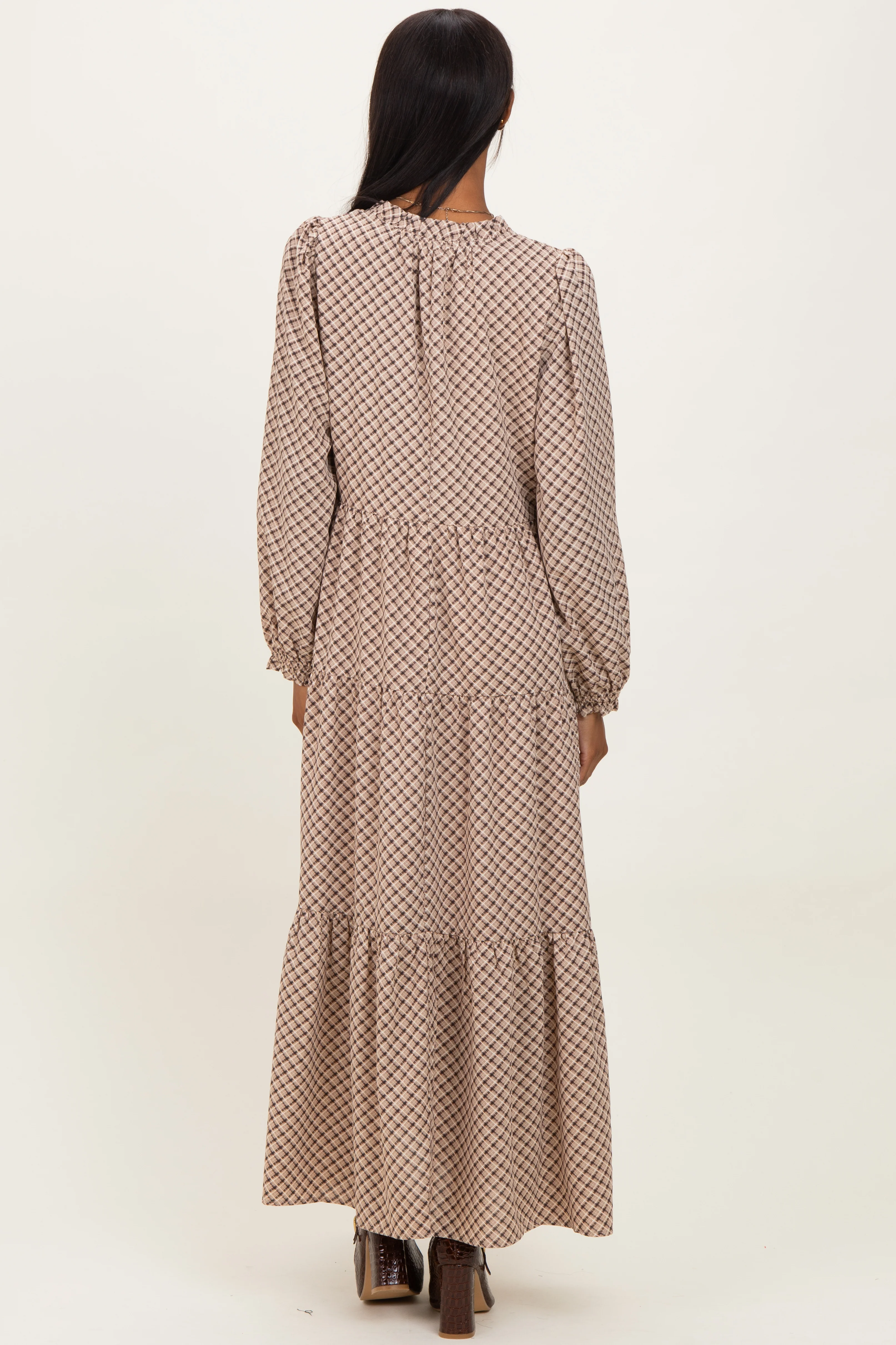 Taupe Plaid Tie Collar Tiered Maxi Dress - Image 3