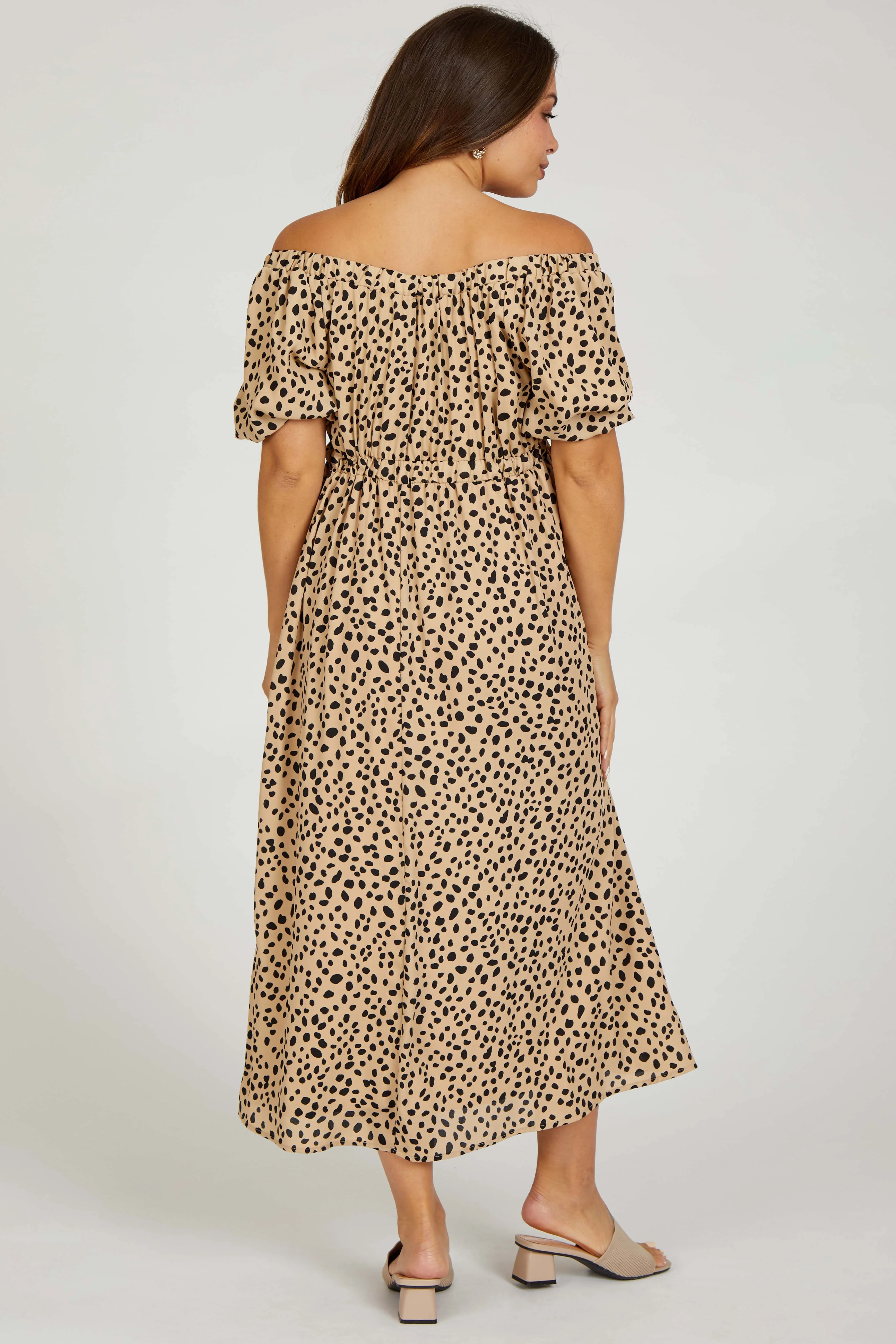 Taupe Printed Puff Short Sleeve Maternity Midi Dress - Image 3