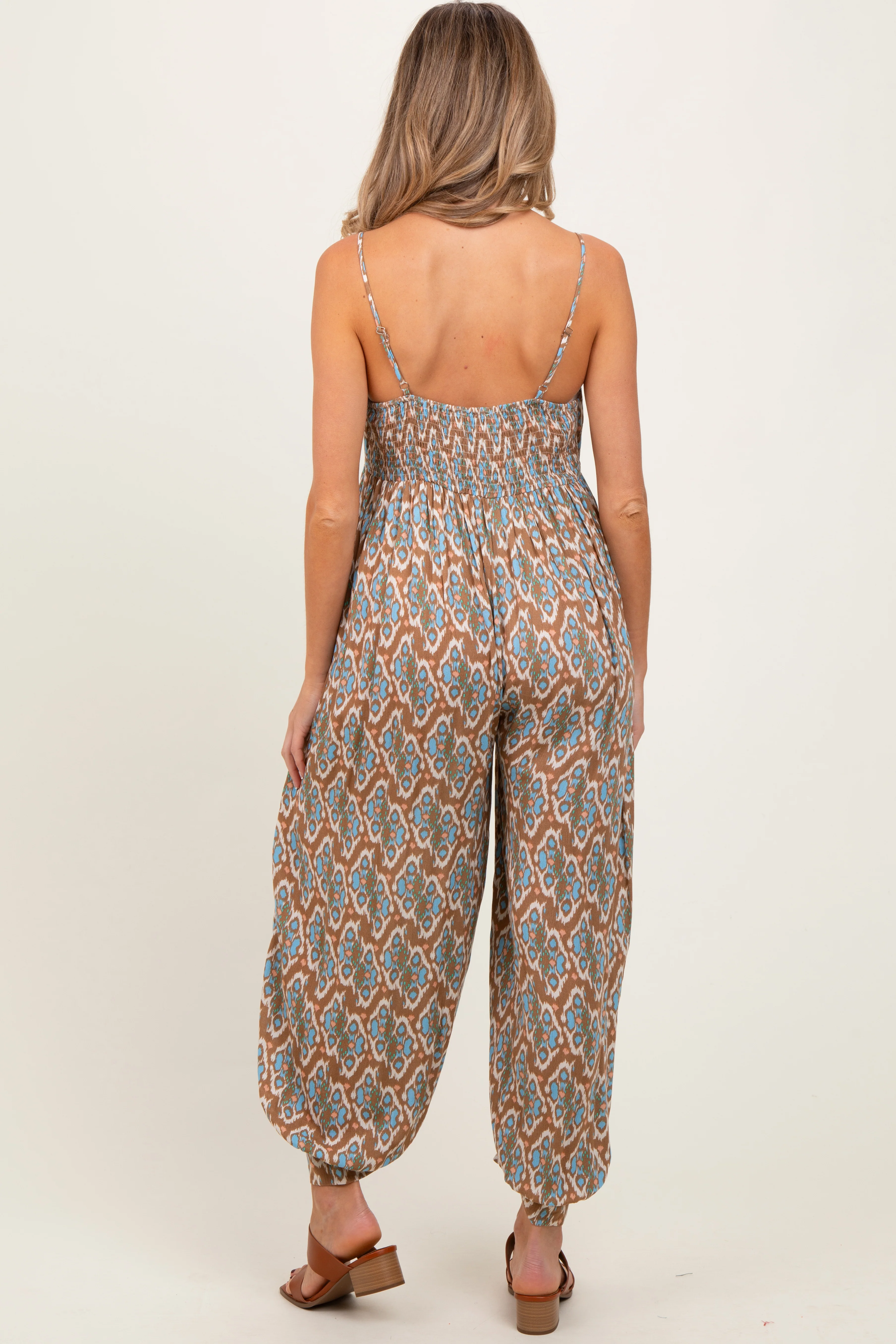 Taupe Printed Sleeveless Barrel Leg Maternity Jumpsuit - Image 3