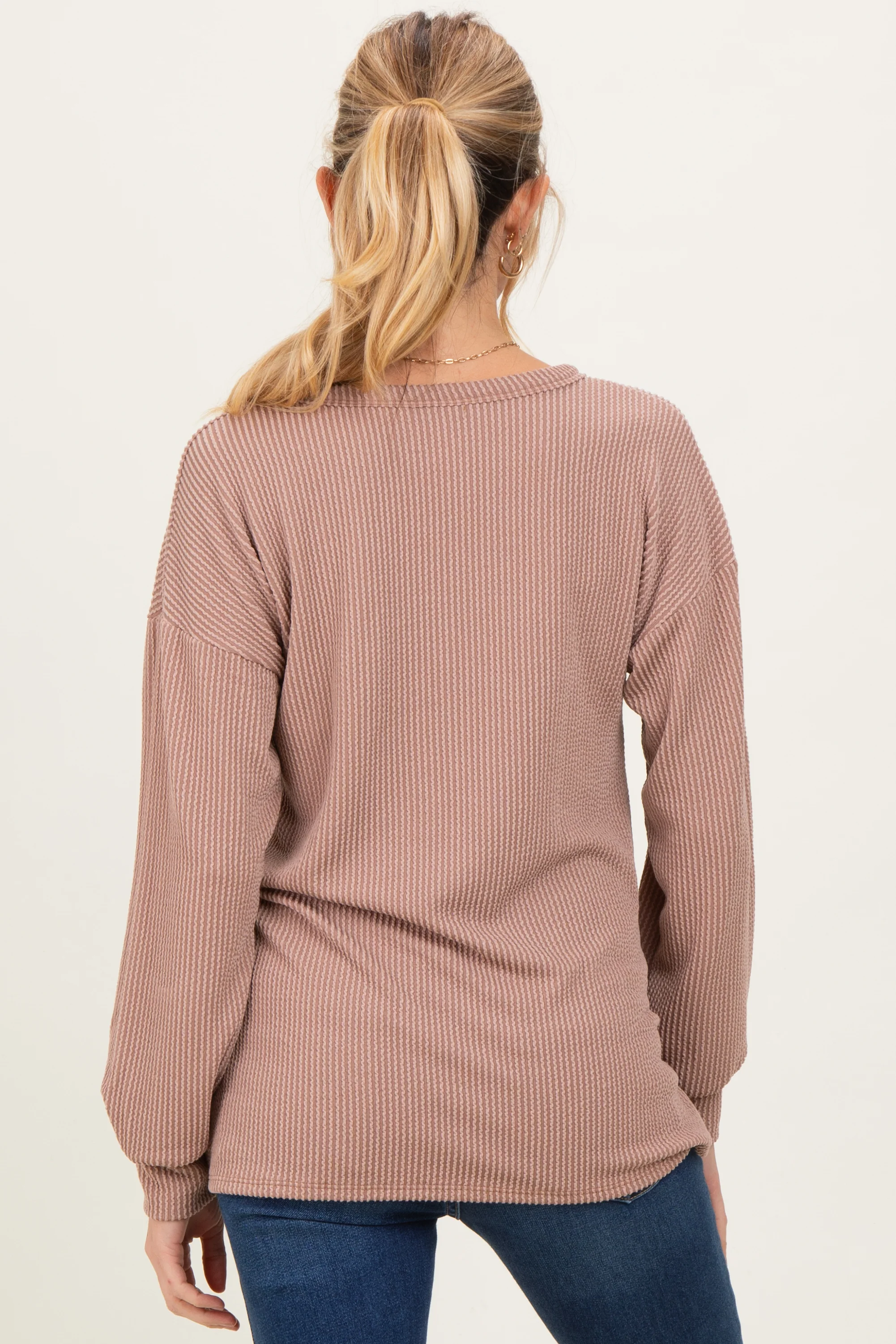 Taupe Puff Sleeve Solid Ribbed Maternity Top - Image 4