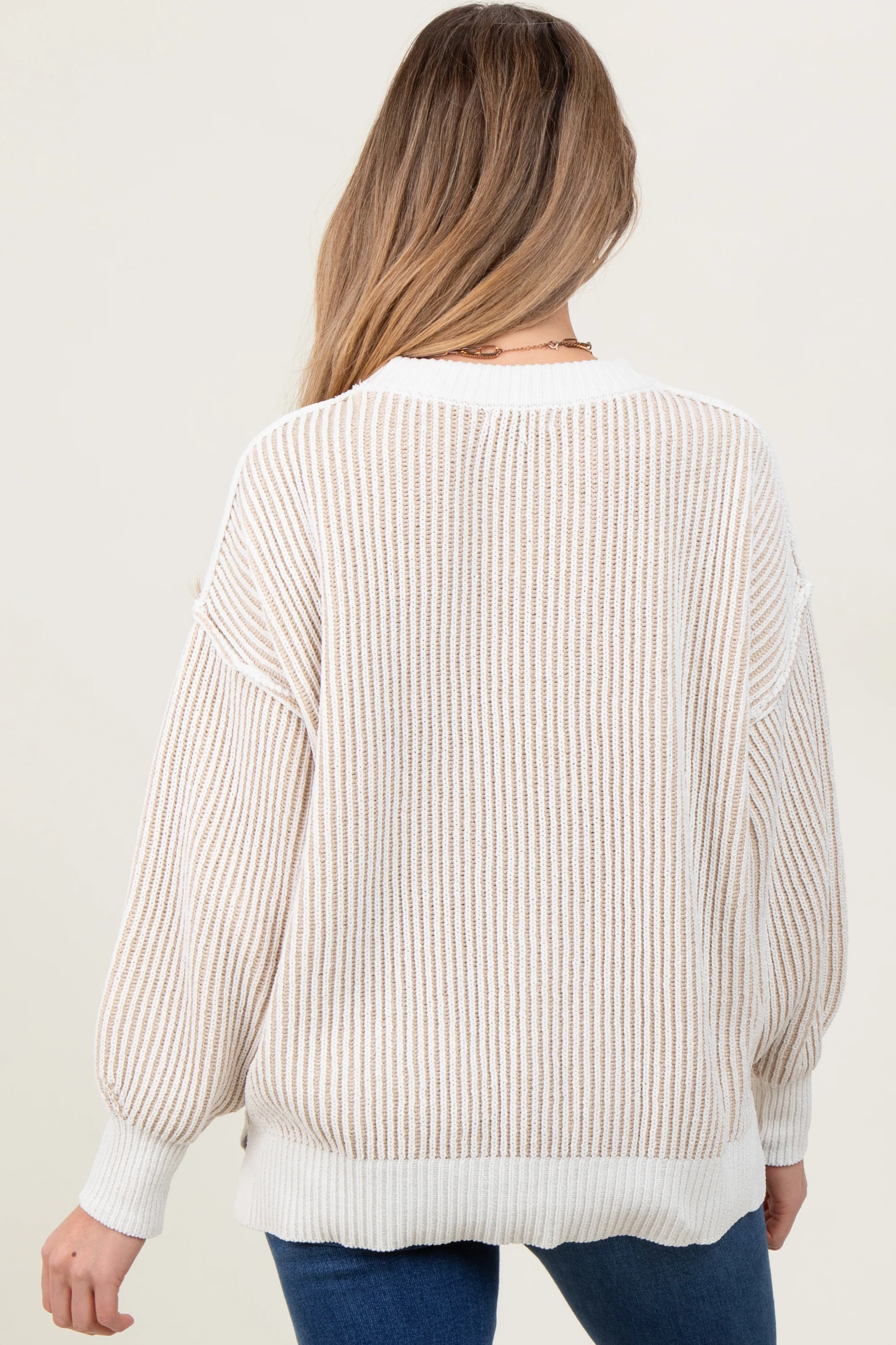 Taupe Ribbed Balloon Sleeve Maternity Sweater - Image 4