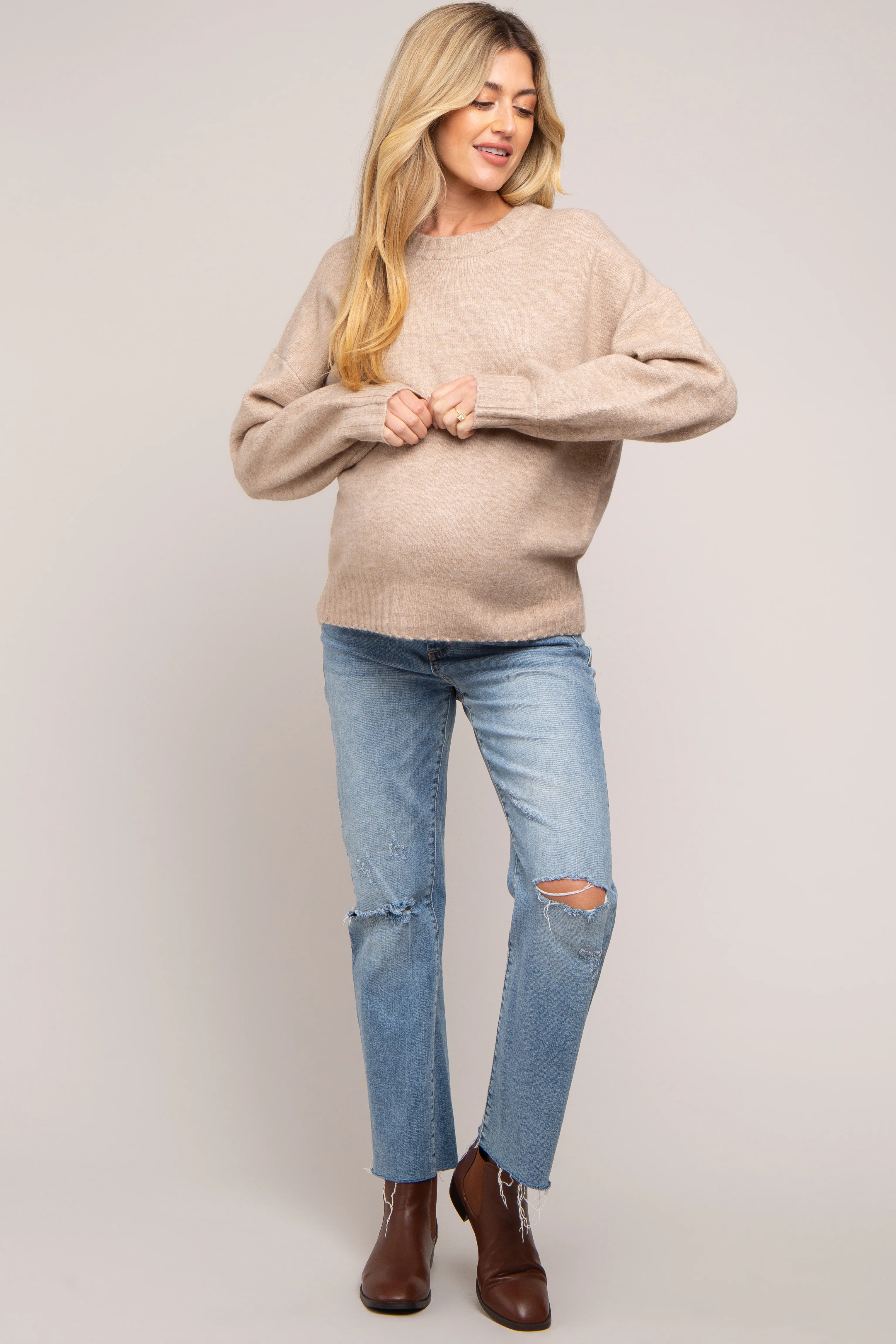 Taupe Ribbed Cuff Maternity Sweater - Image 4