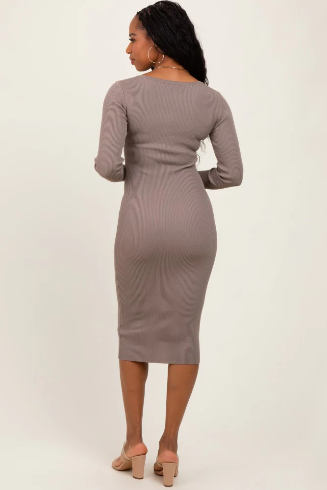 Taupe Ribbed Fitted Button Long Sleeve Dress - Image 4