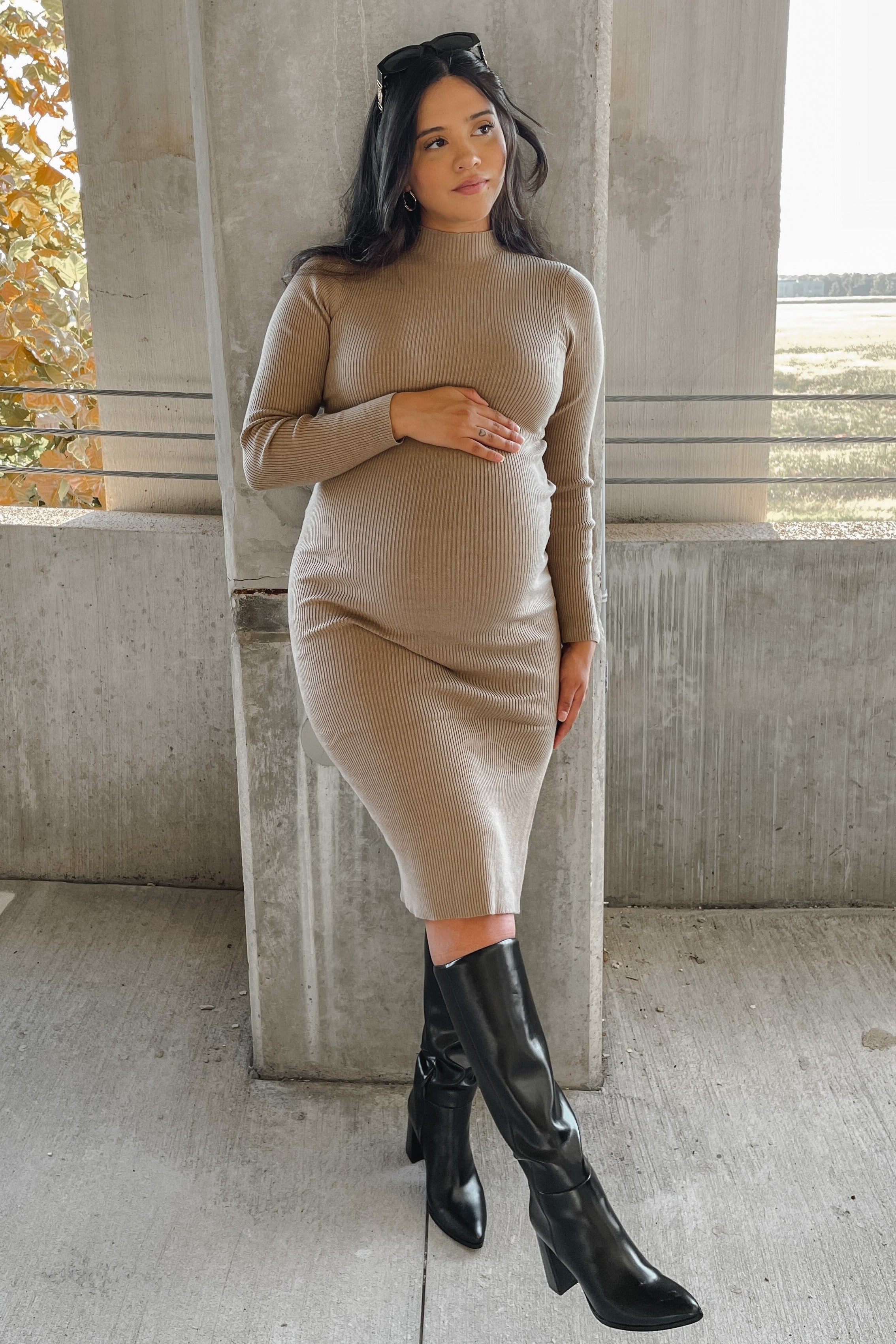 Taupe Ribbed Fitted Mock Neck Long Sleeve Maternity Midi Dress - Image 15
