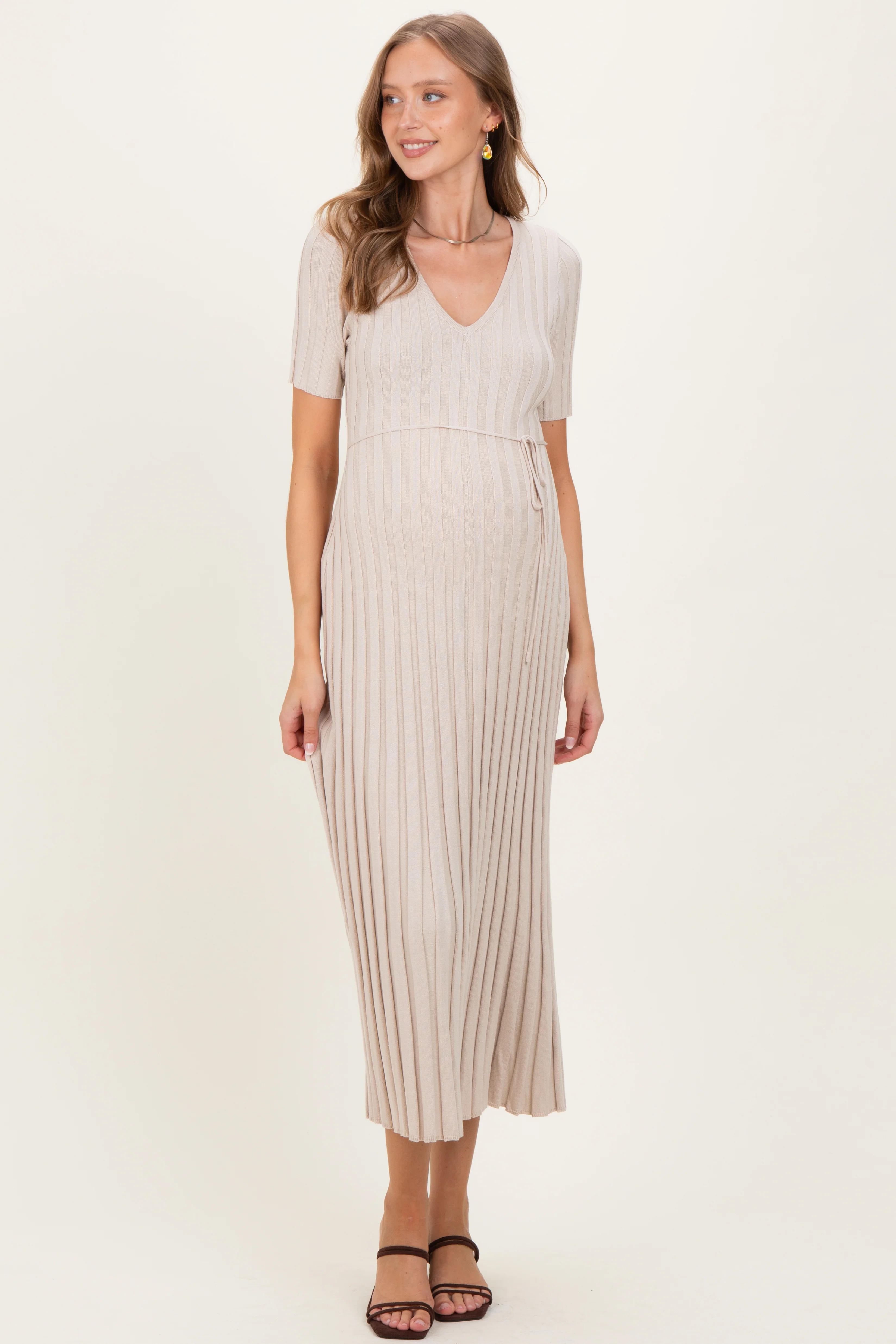 Taupe Ribbed Short Sleeve Maternity Knit Maxi Dress - Image 3
