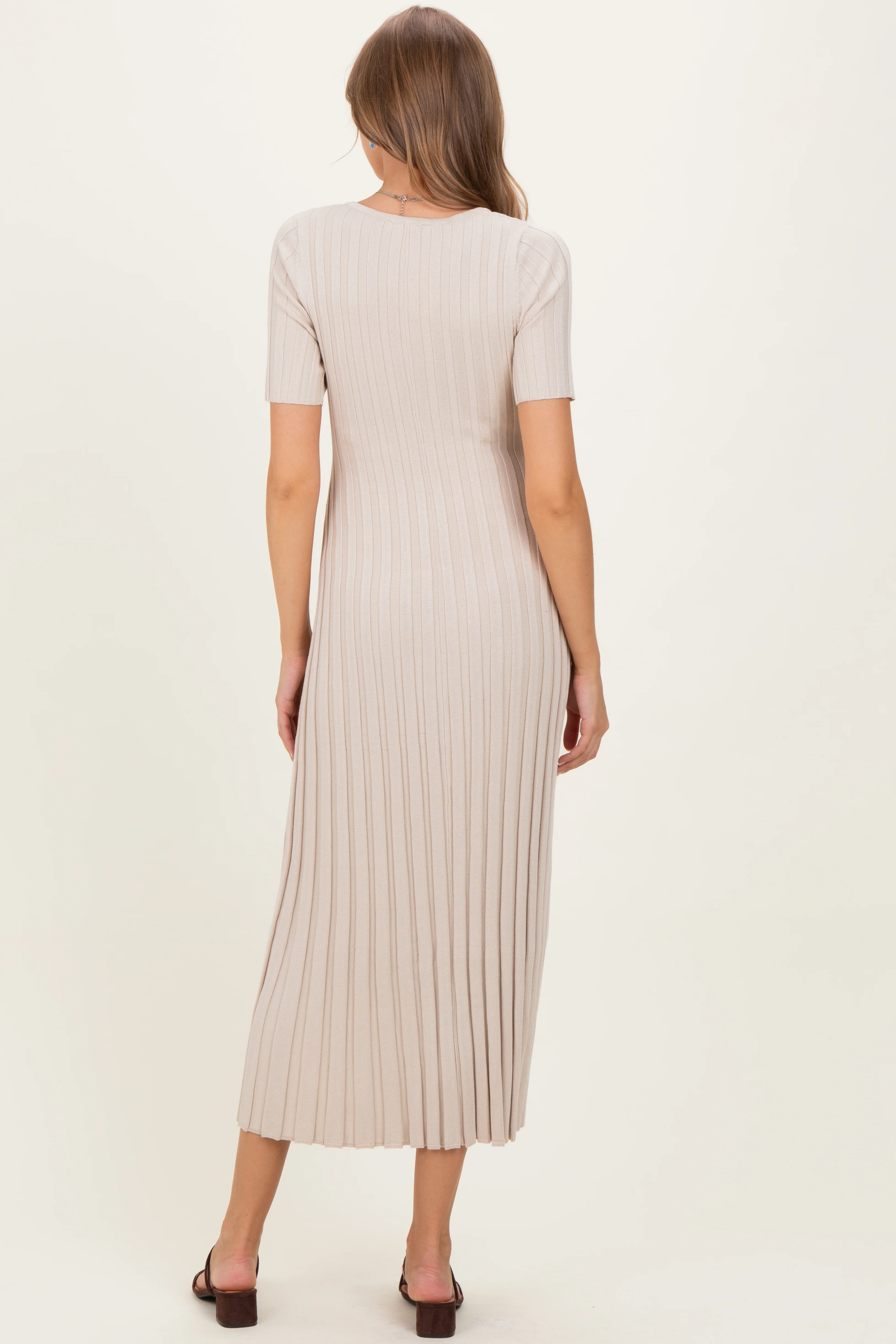 Taupe Ribbed Short Sleeve Maternity Knit Maxi Dress - Image 5