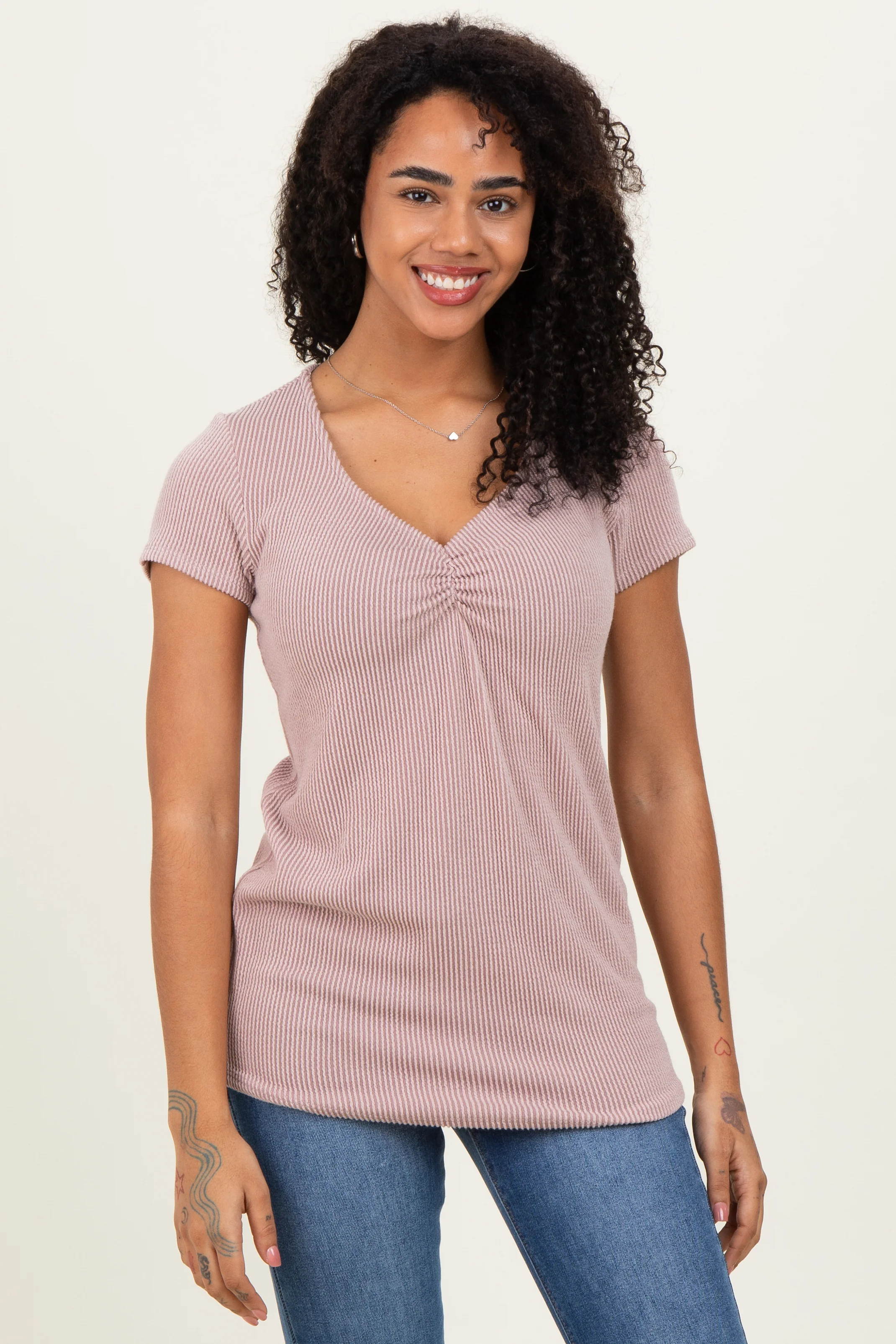 Taupe Ribbed Sweetheart-Neckline Maternity Top - Image 5