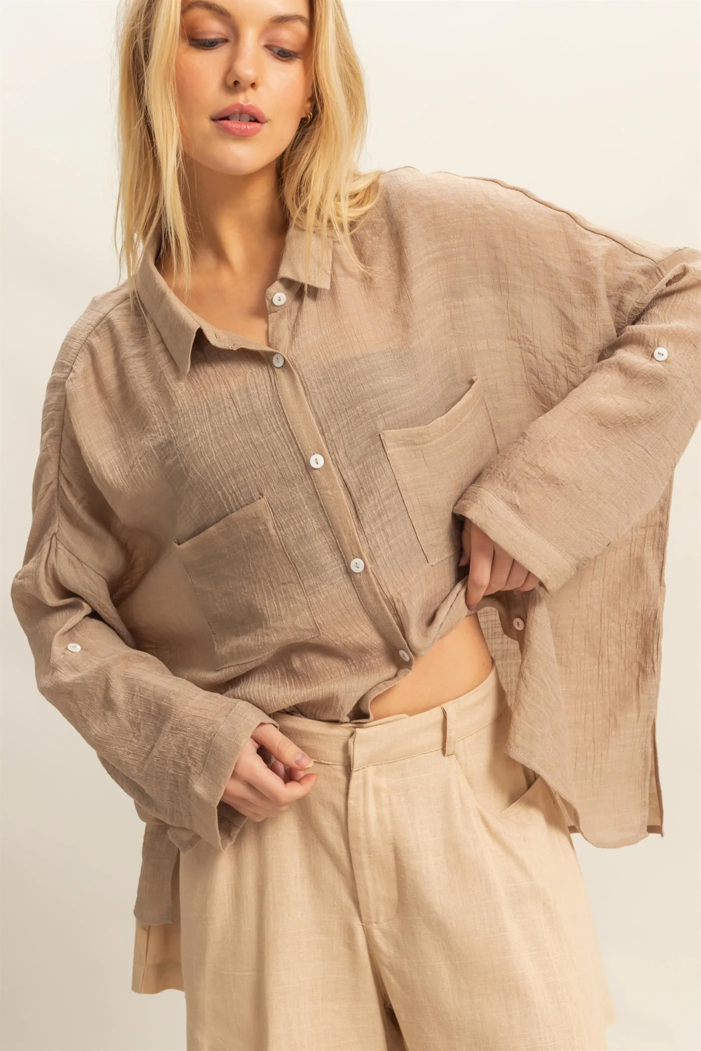 Taupe Roll Up Sleeve Button-Up Oversized Shirt - Image 2
