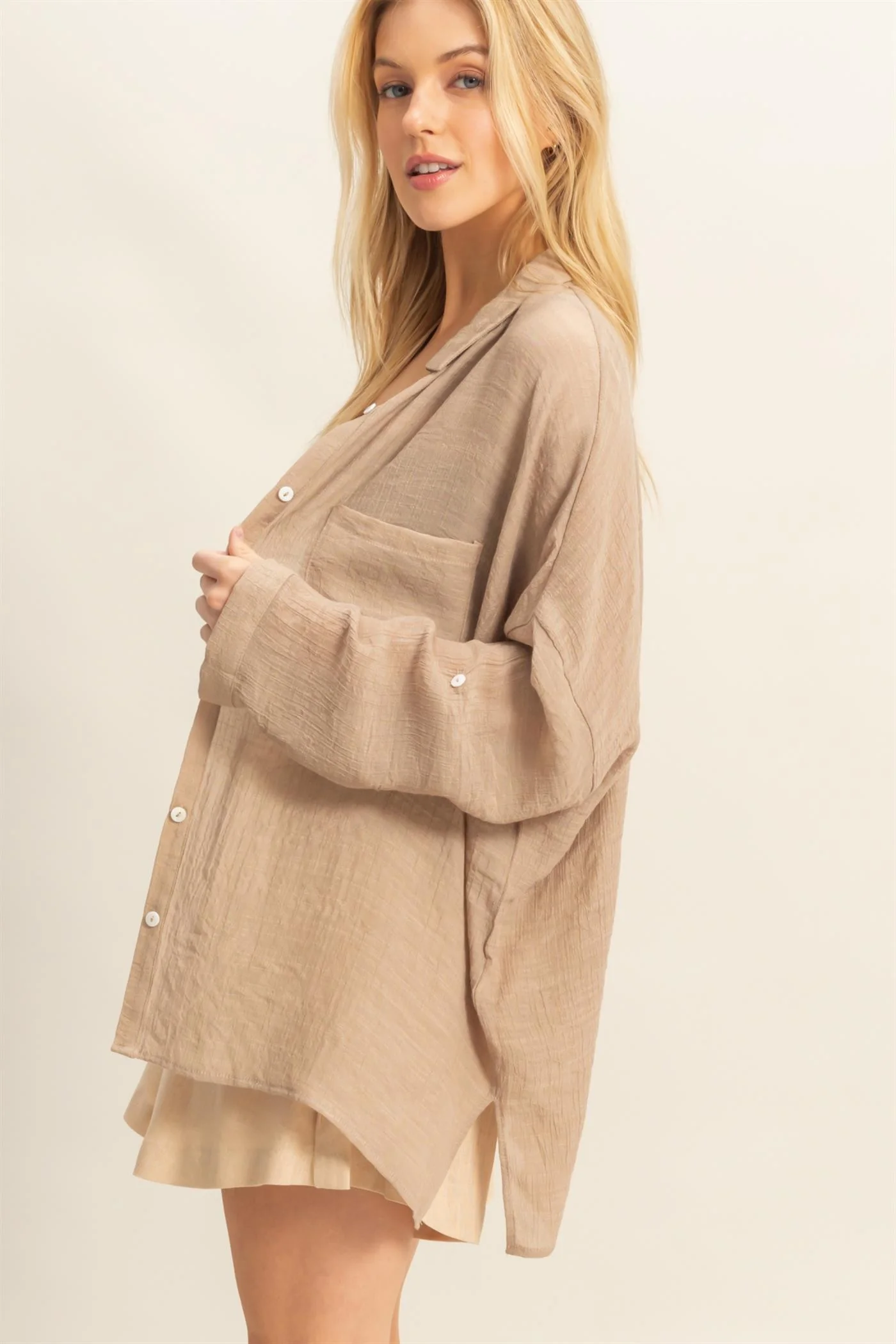 Taupe Roll Up Sleeve Button-Up Oversized Shirt - Image 3
