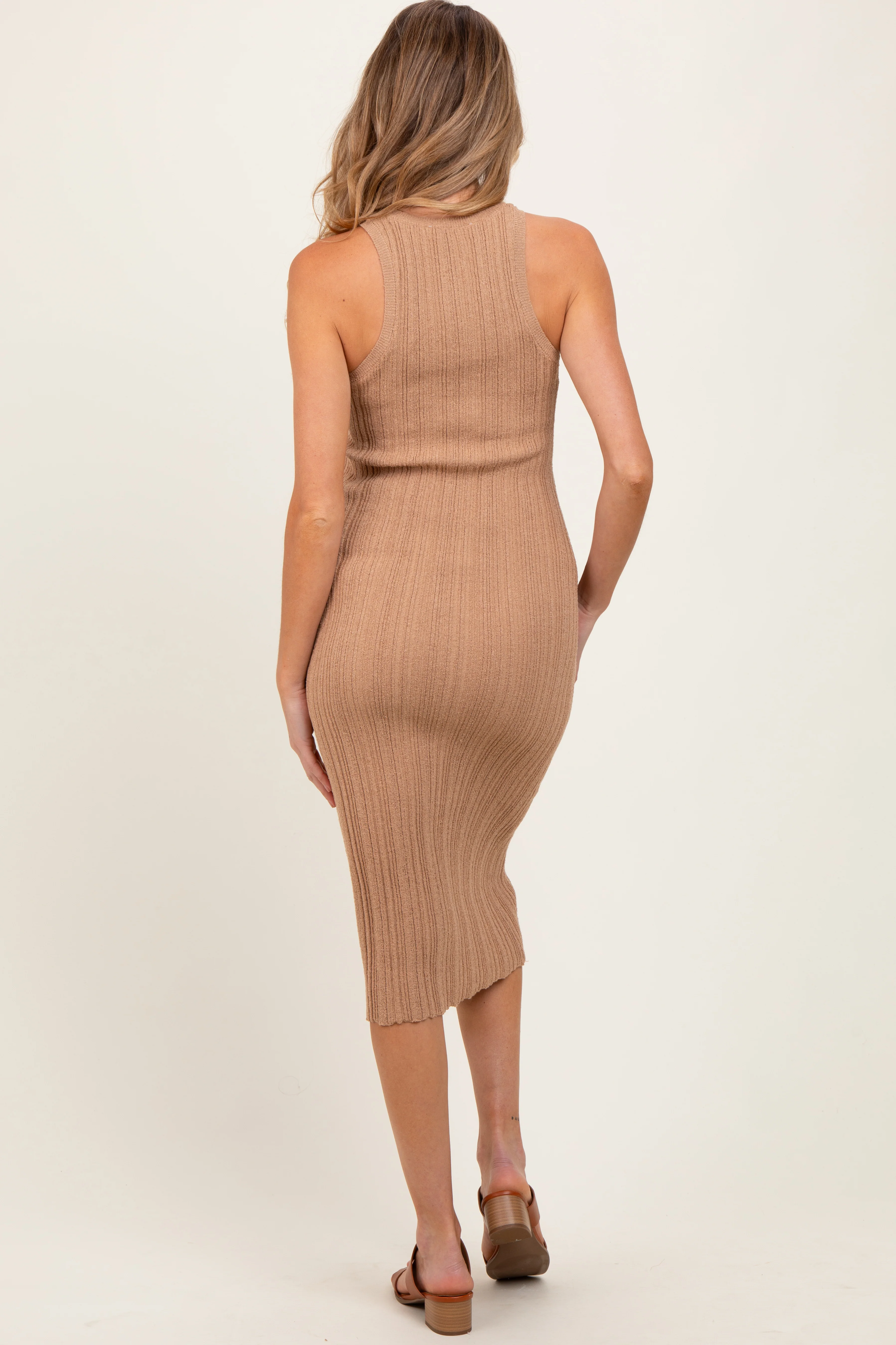 Taupe Round Neck Bodycon Ribbed Knit Maternity Midi Dress - Image 4