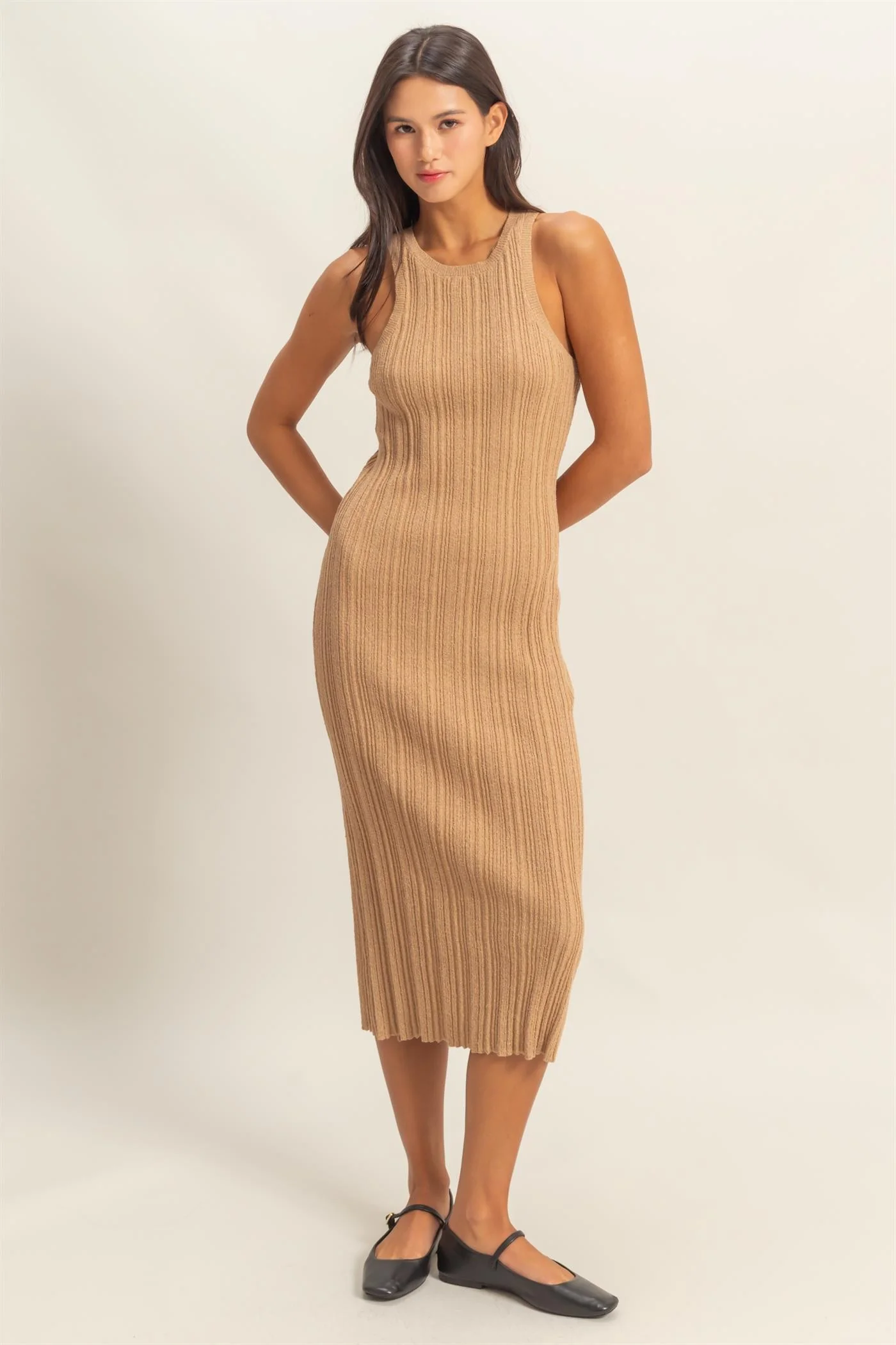 Taupe Round Neck Bodycon Ribbed Knit Midi Dress - Image 4