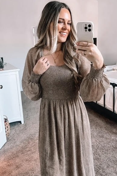 Taupe Scatter Dot Print Smocked Detail Midi Dress - Image 5