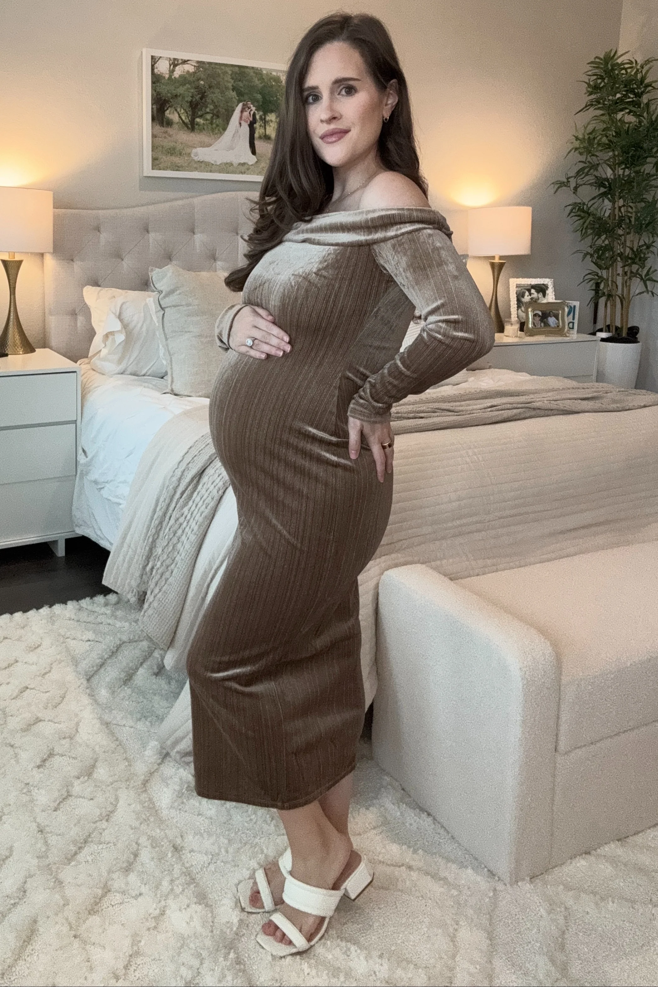 Taupe Shiny Velour Off Shoulder Maternity Midi Dress - Image 5