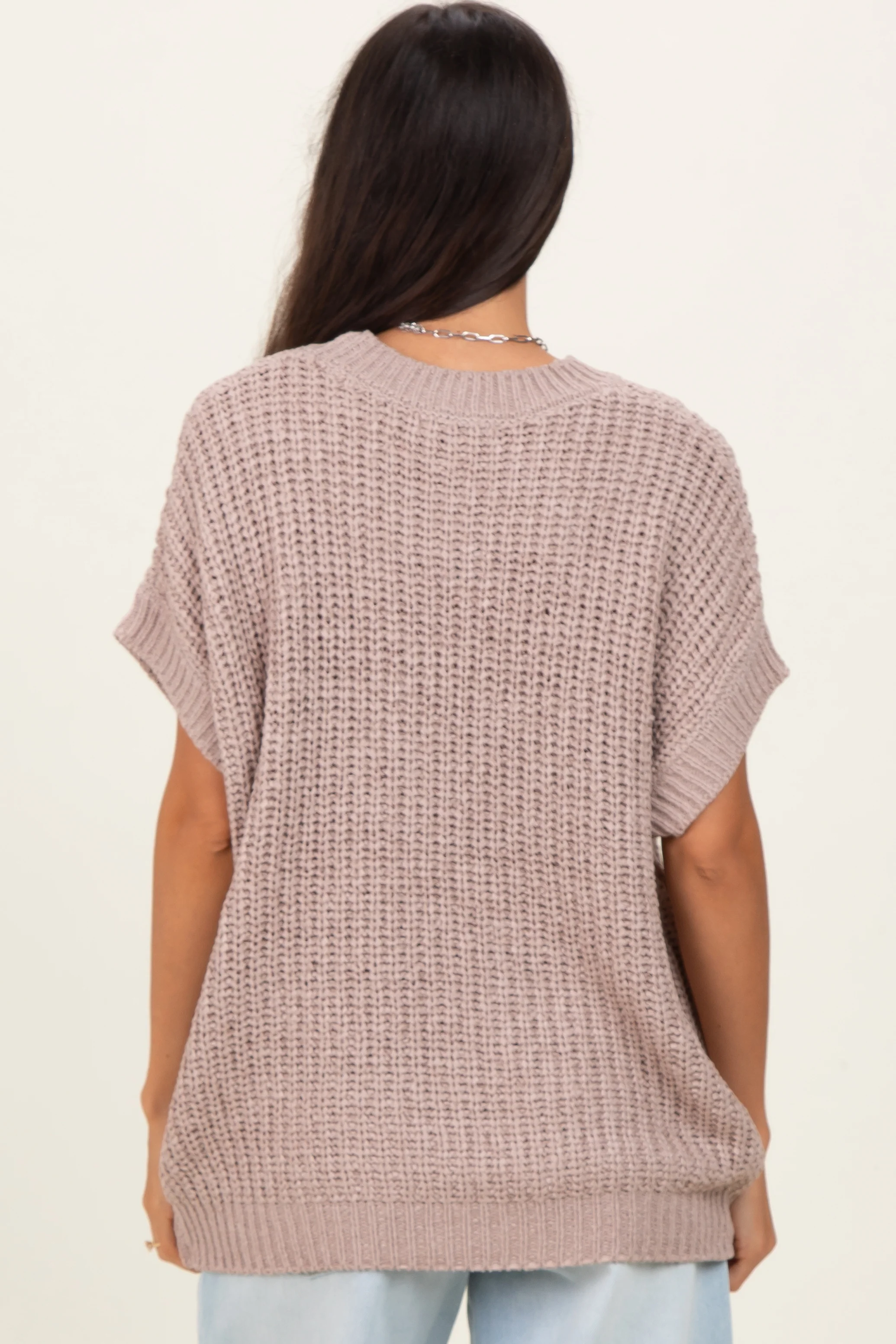 Taupe Short Sleeve Round Neck Sweater - Image 3