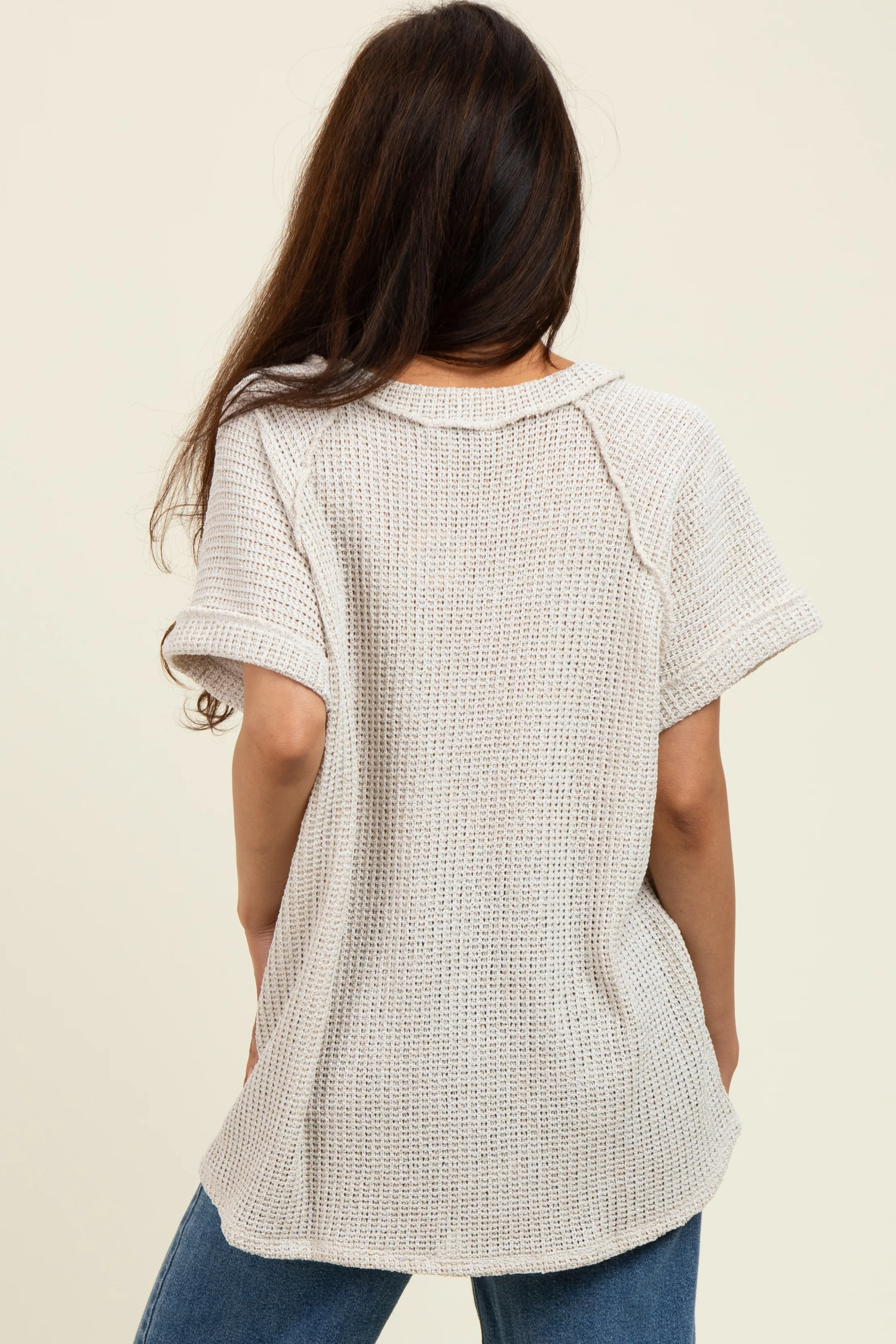 Taupe Short Sleeve V-Neck Solid Waffle Knit Top - Image 3