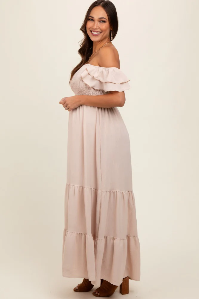 Taupe Smocked Ruffle Off Shoulder Tiered Maternity Maxi Dress - Image 3