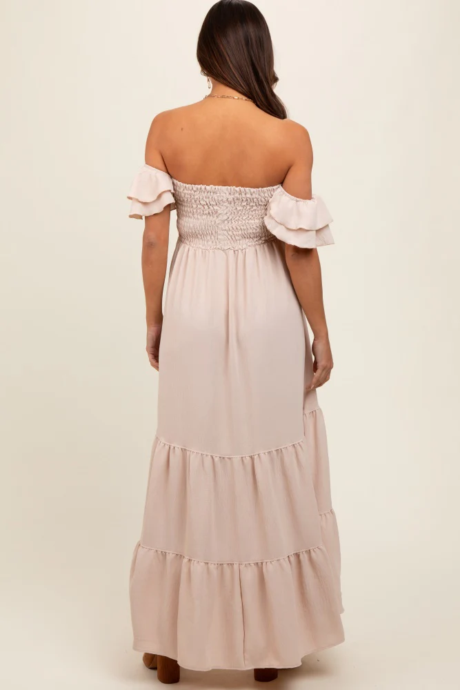 Taupe Smocked Ruffle Off Shoulder Tiered Maternity Maxi Dress - Image 4