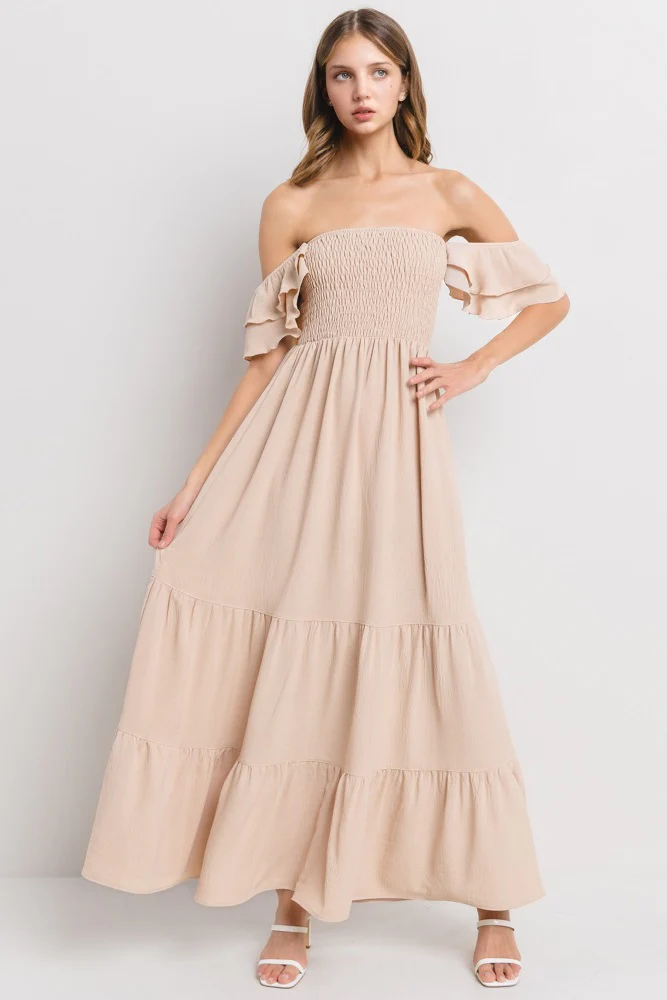 Taupe Smocked Ruffle Off Shoulder Tiered Maternity Maxi Dress - Image 5