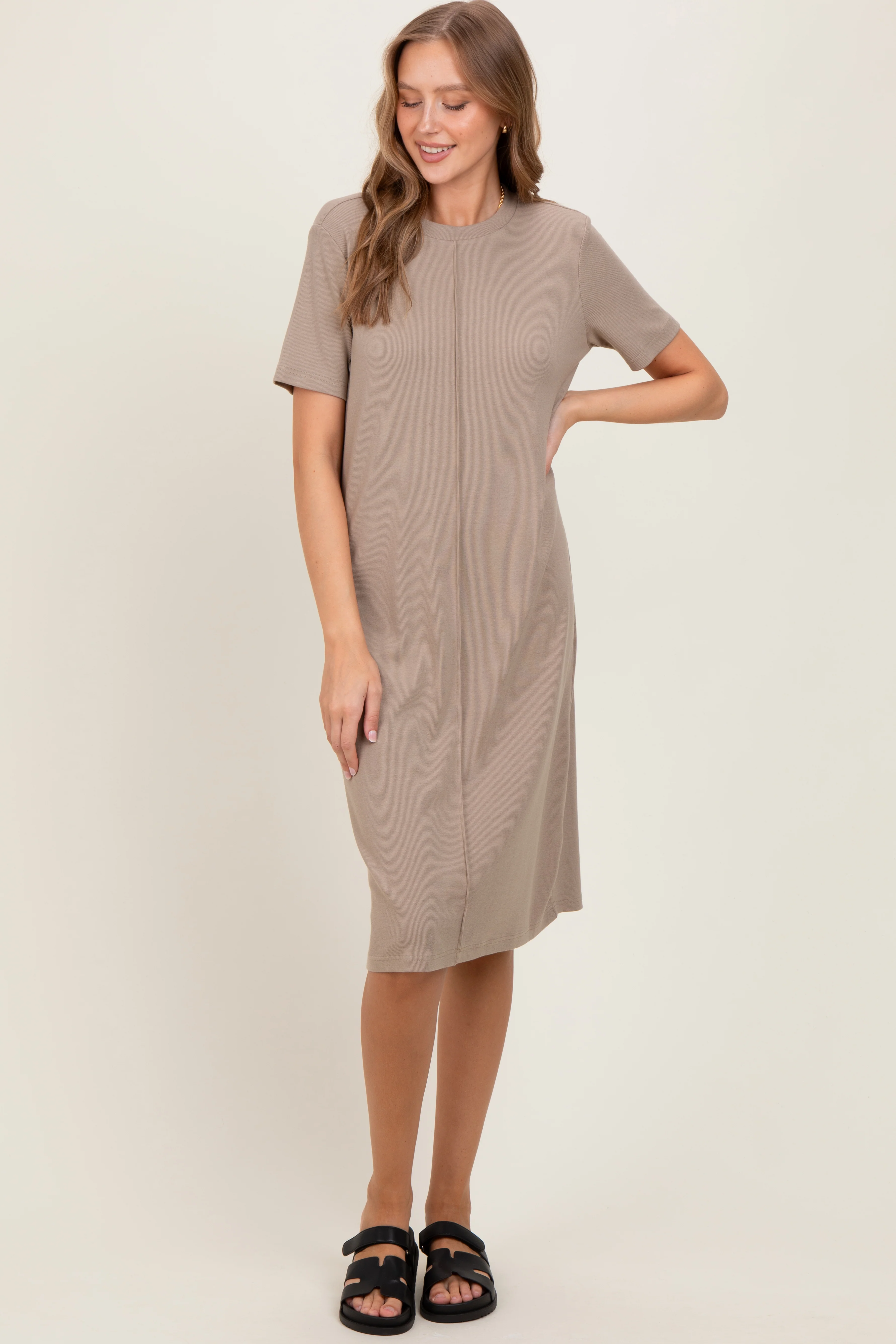 Taupe Soft Knit Short Sleeve Dress - Image 2