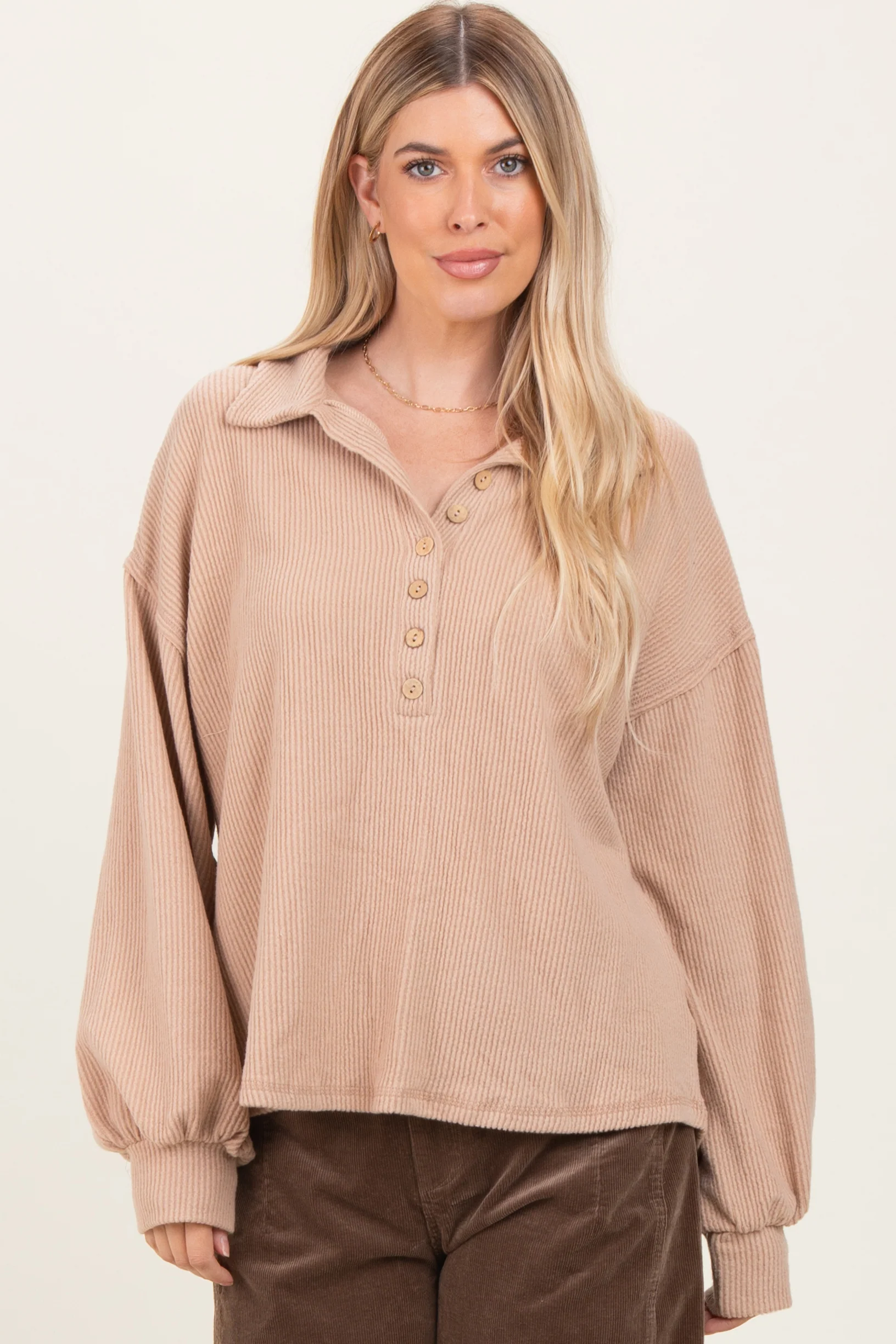 Taupe Solid Ribbed Long Sleeve Button Down Collared Maternity Top - Image 6