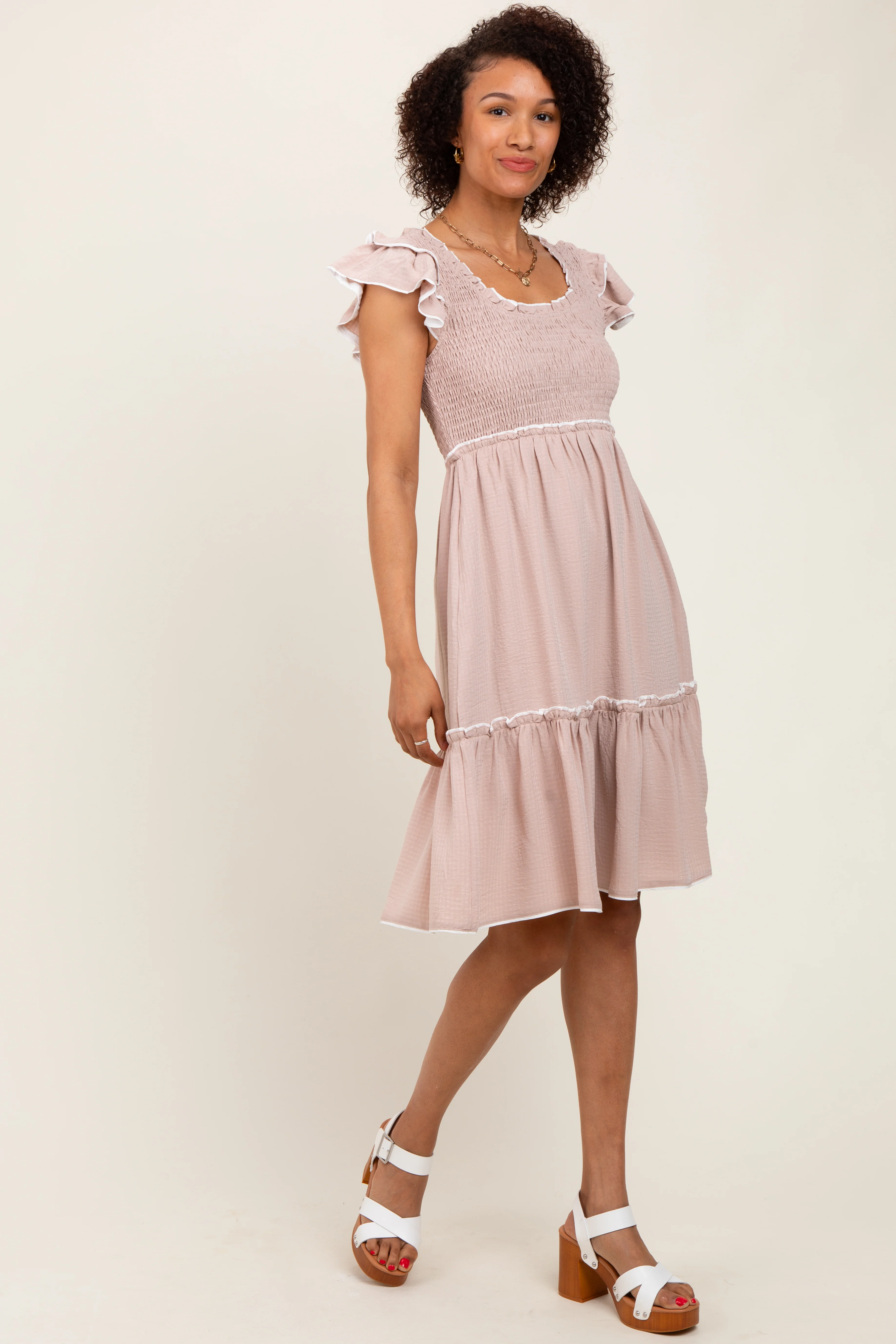 Taupe Solid Ruffle Trim Smocked Dress - Image 2