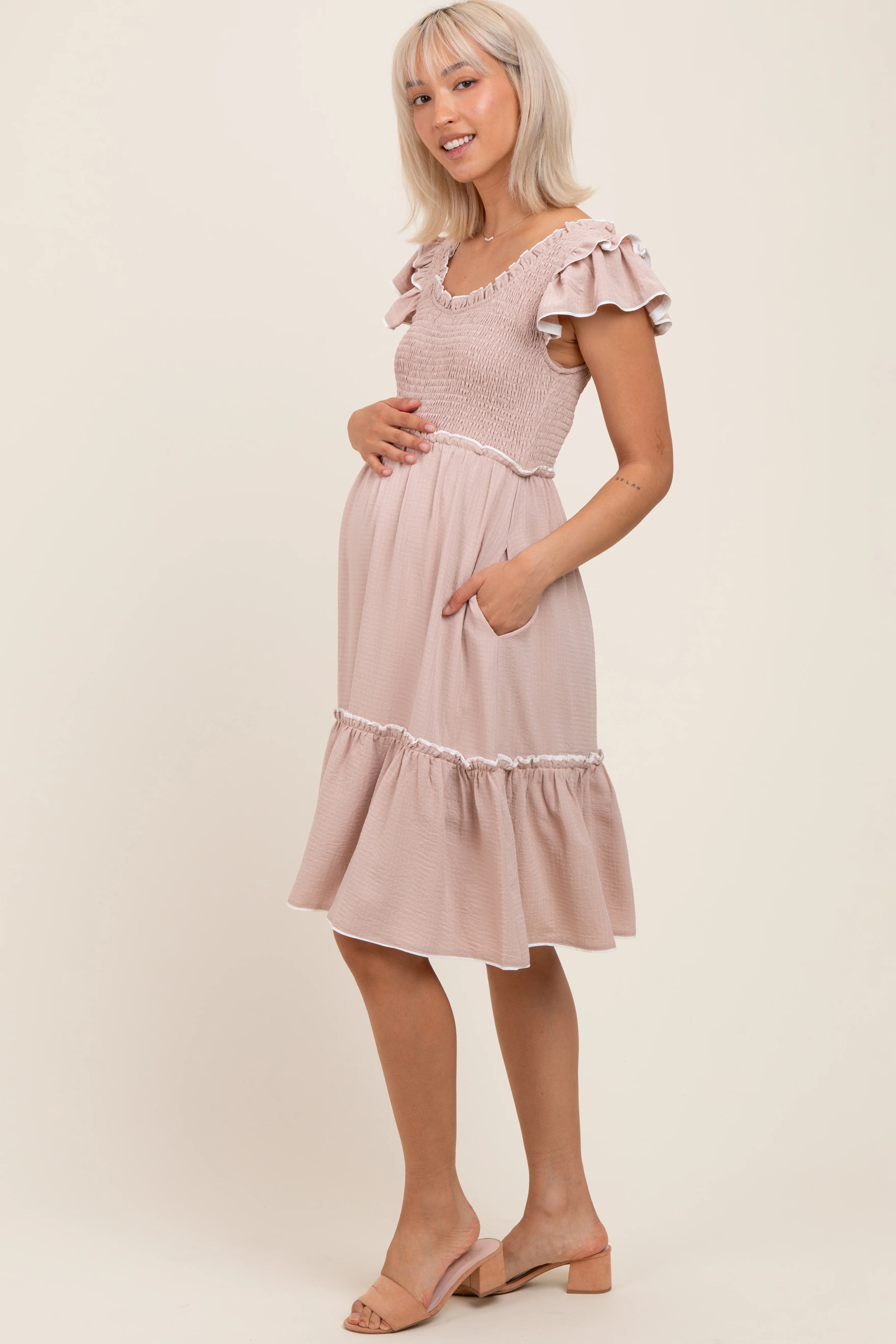 Taupe Solid Ruffle Trim Smocked Maternity Dress - Image 3