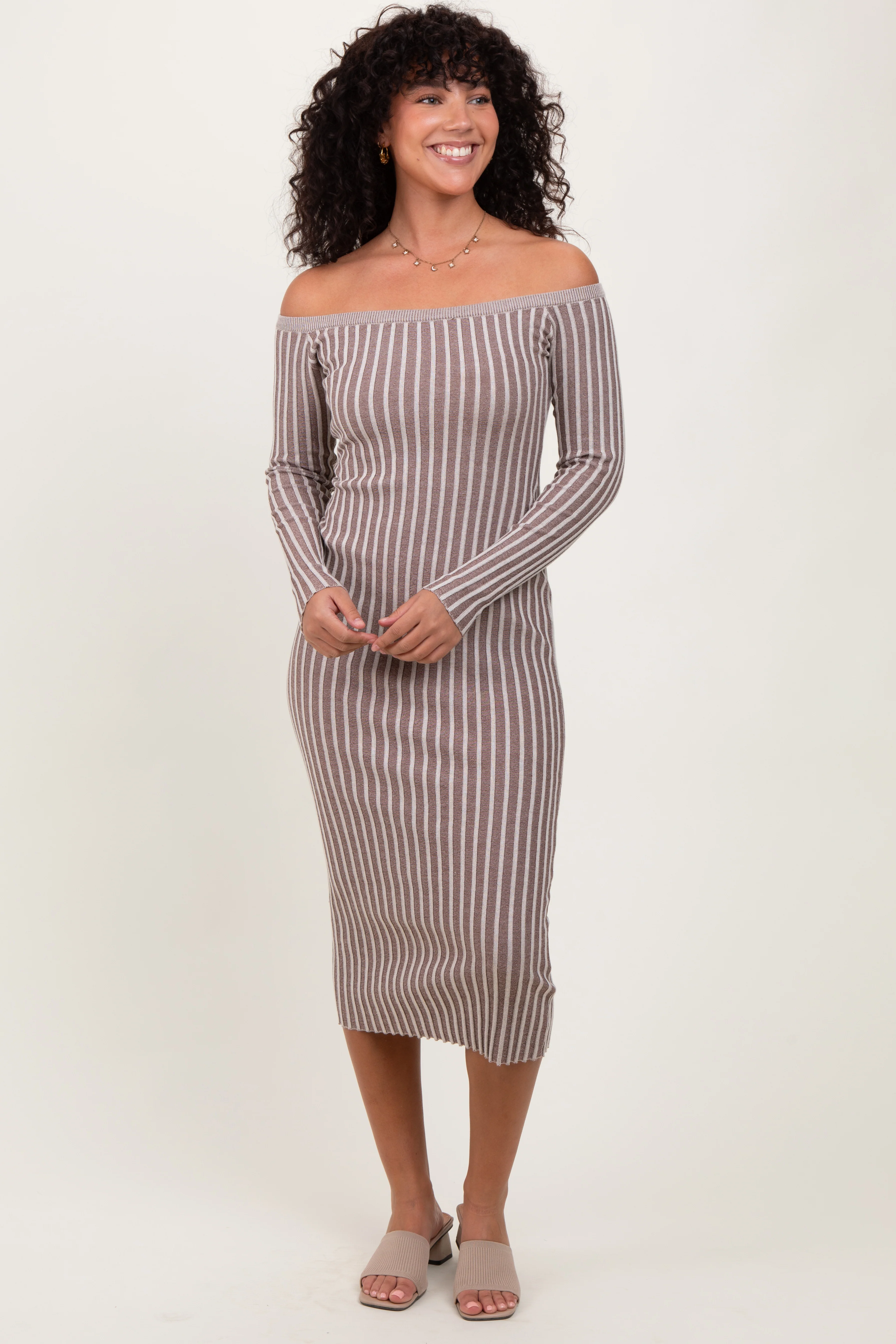 Taupe Striped Off Shoulder Maternity Midi Sweater Dress - Image 4