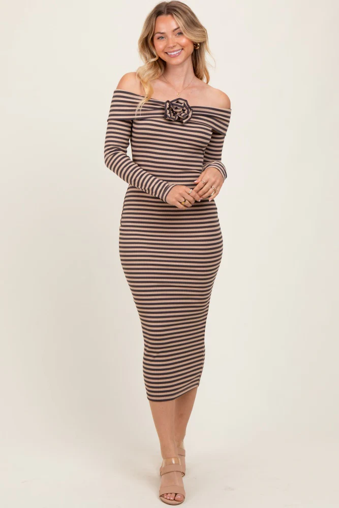 Taupe Striped Off Shoulder Rosette Midi Dress - Image 2