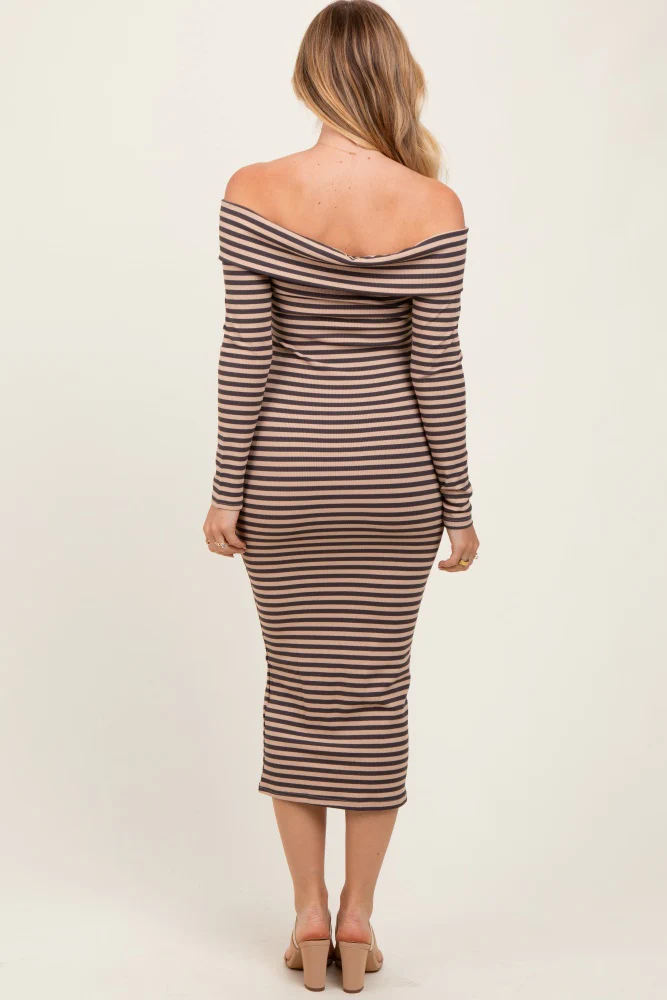 Taupe Striped Off Shoulder Rosette Midi Dress - Image 4