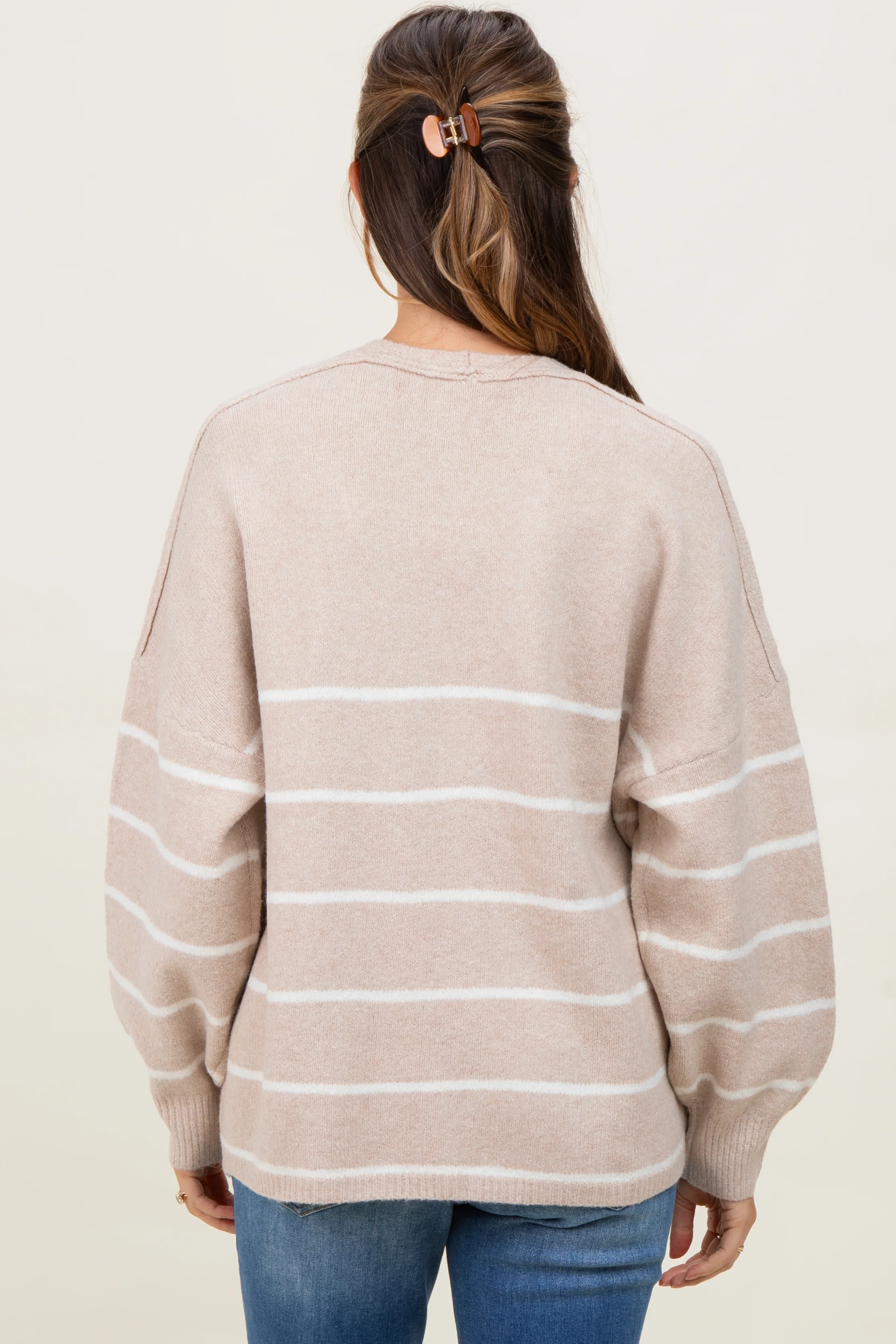 Taupe Striped Oversized Maternity Cardigan - Image 4
