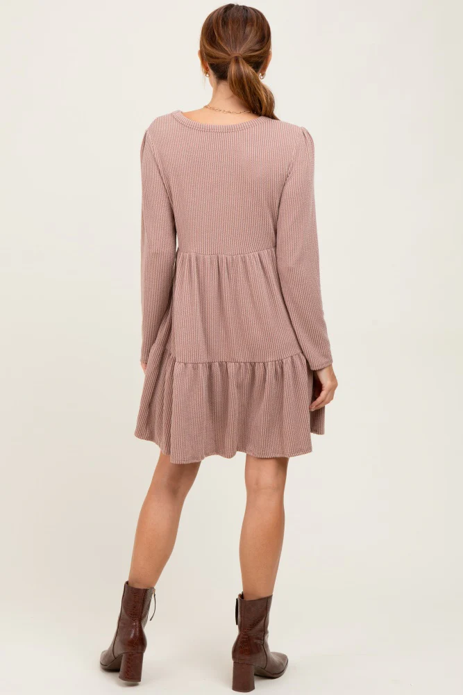 Taupe Textured Rib Tiered Long Sleeve Dress - Image 4