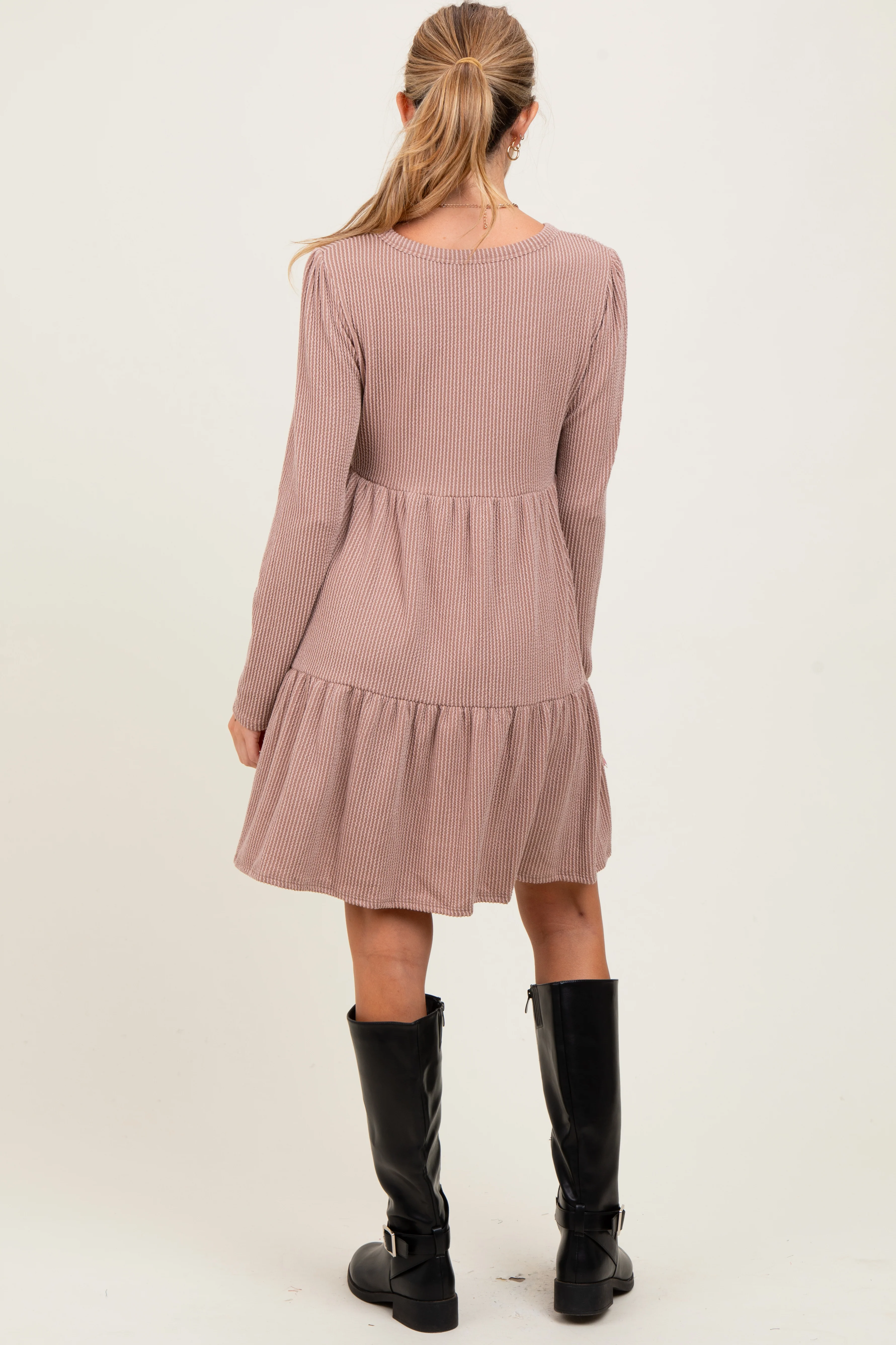 Taupe Textured Rib Tiered Long Sleeve Maternity Dress - Image 4