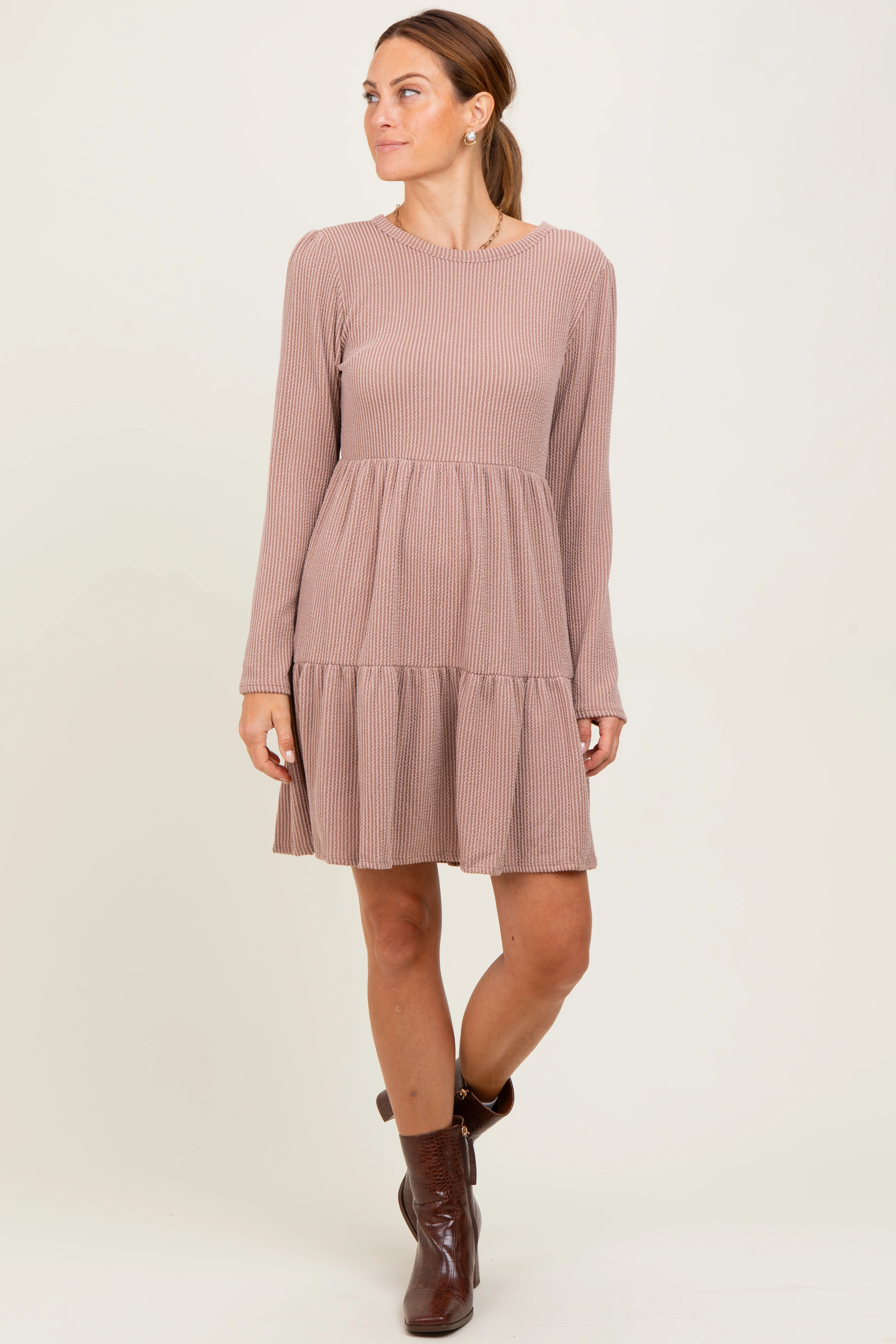Taupe Textured Rib Tiered Long Sleeve Maternity Dress - Image 5