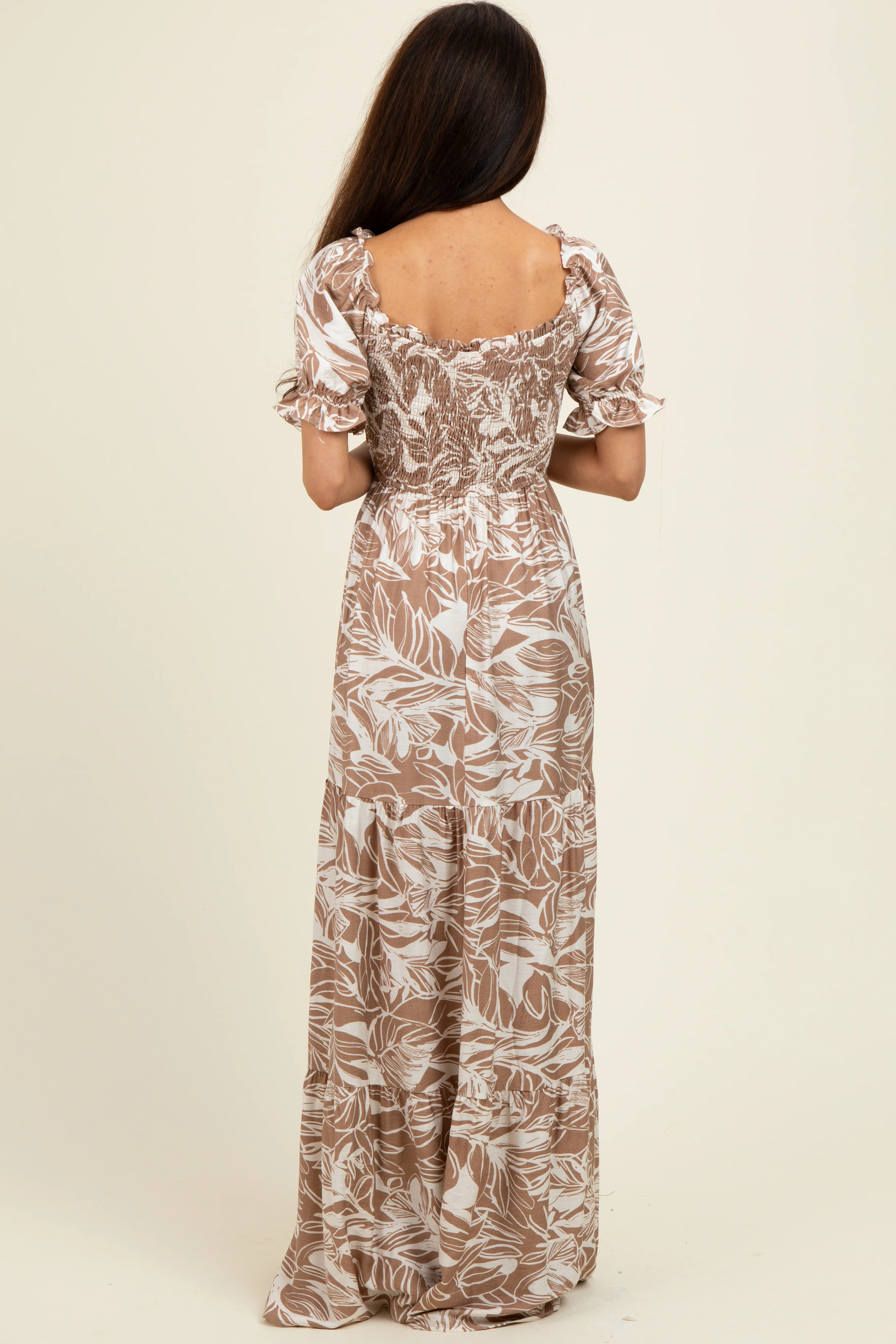 Taupe Tropical Print Smocked Front Tie Maxi Dress - Image 3