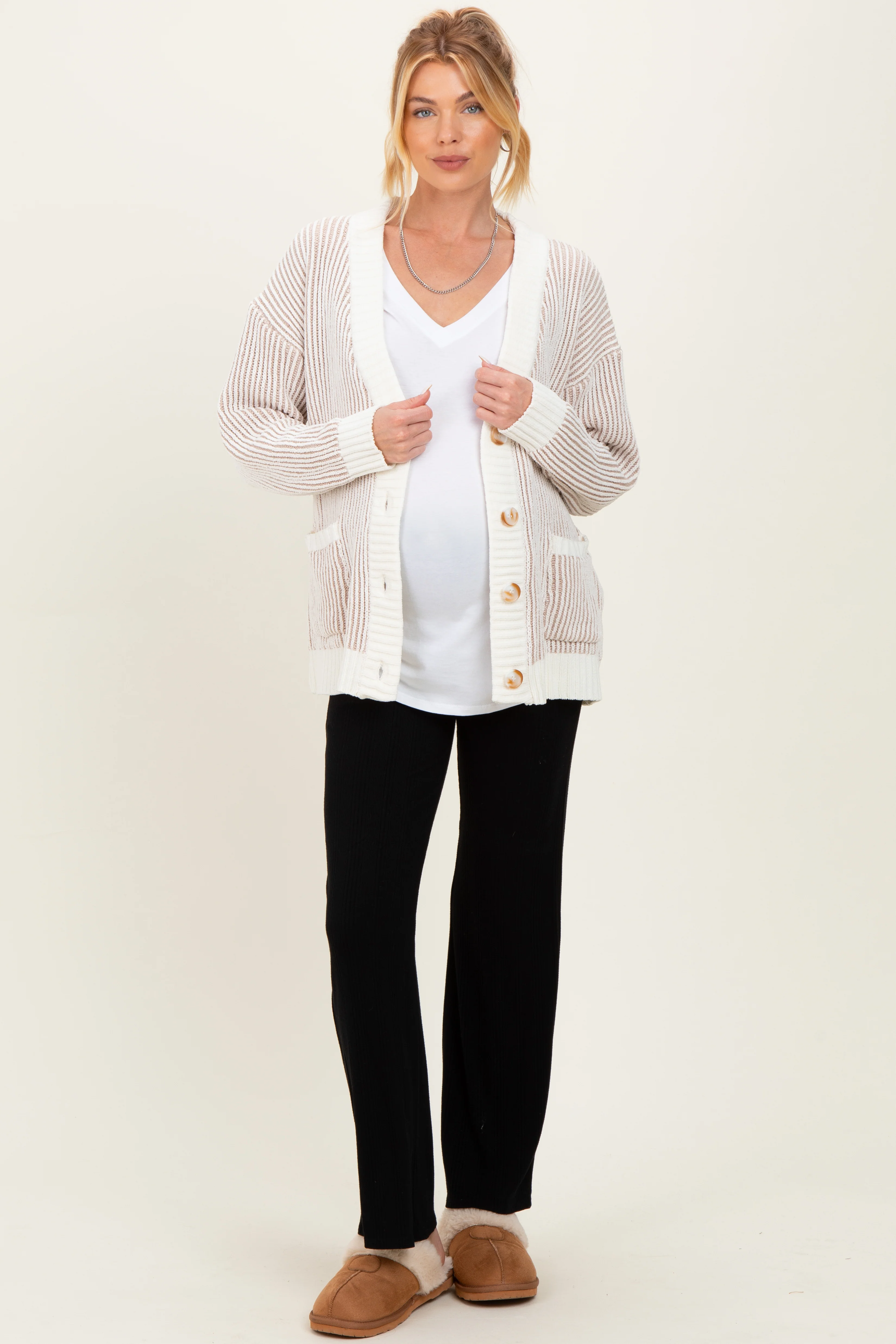 Taupe Two Tone Stripe Contrast Oversized Maternity Sweater Cardigan - Image 2