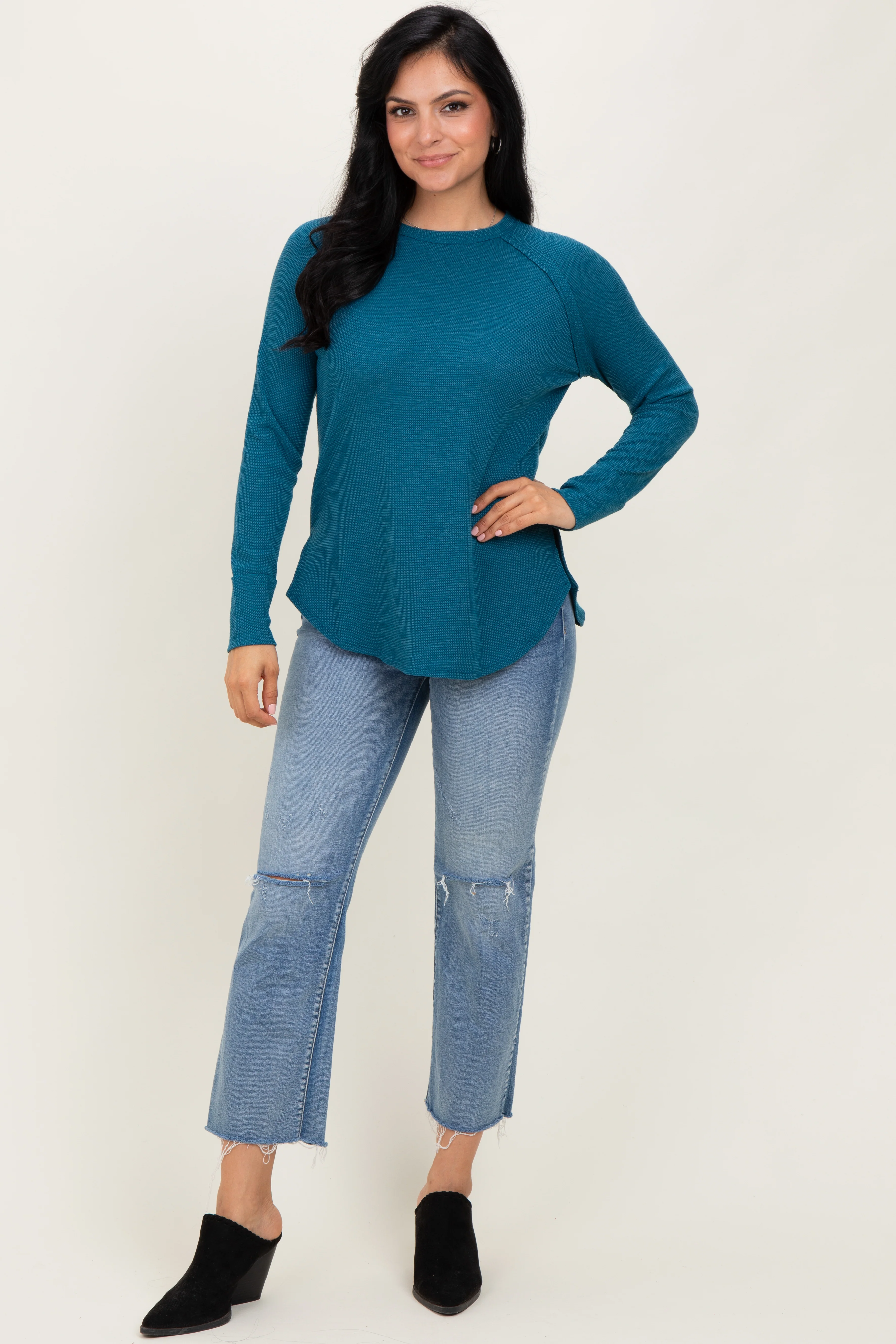 Teal Baby Waffle Knit Long Sleeve Top - Image 2