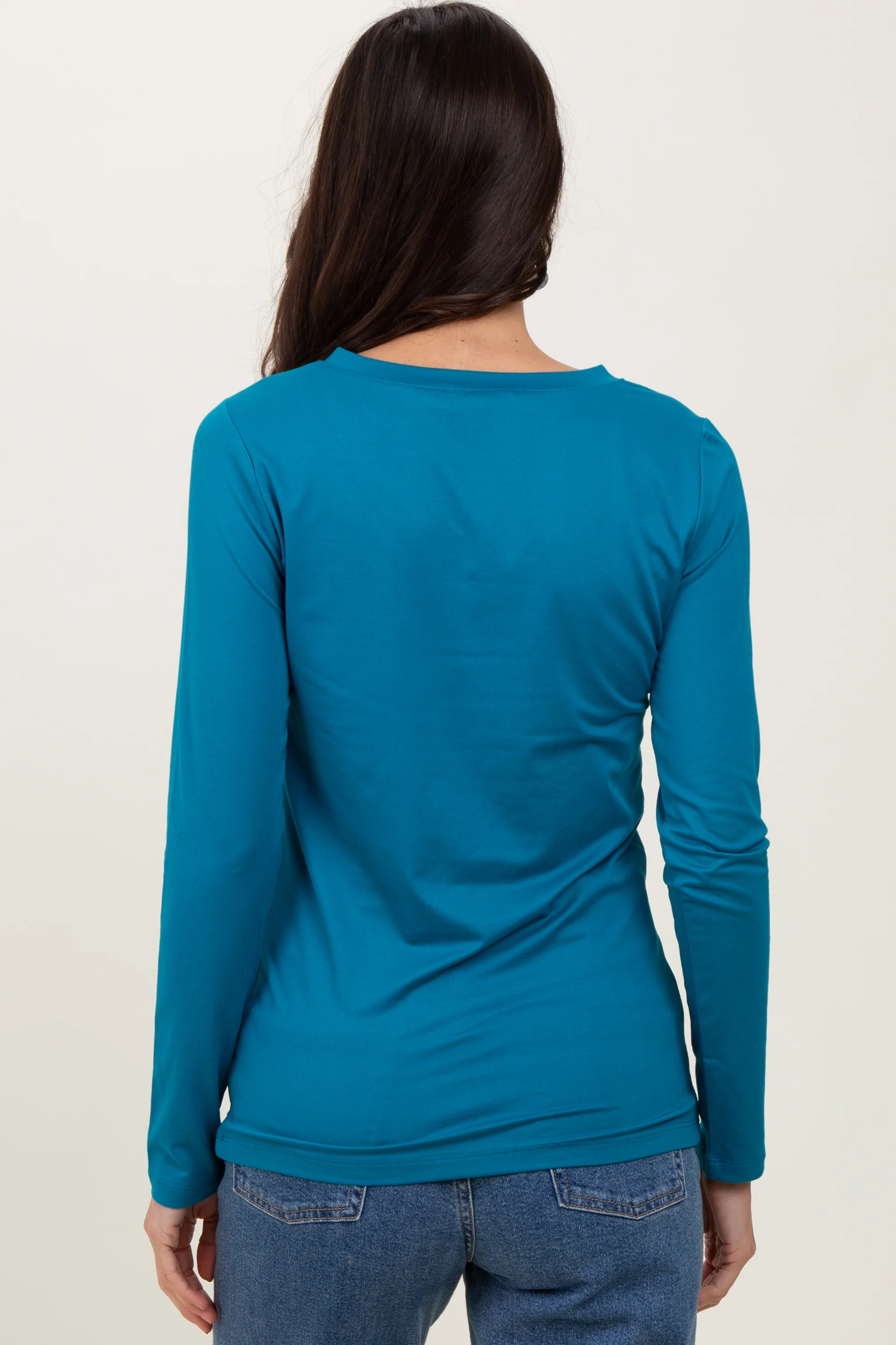 Teal Brushed Knit V-Neck Long Sleeve Top - Image 3