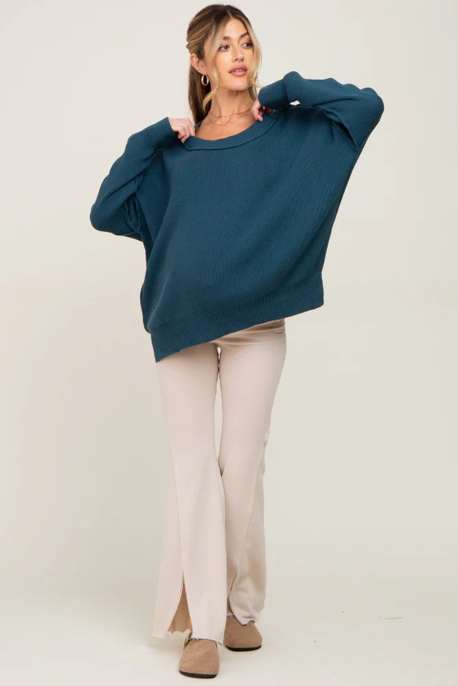 Teal Exposed Seam Side Slit Maternity Sweater - Image 3