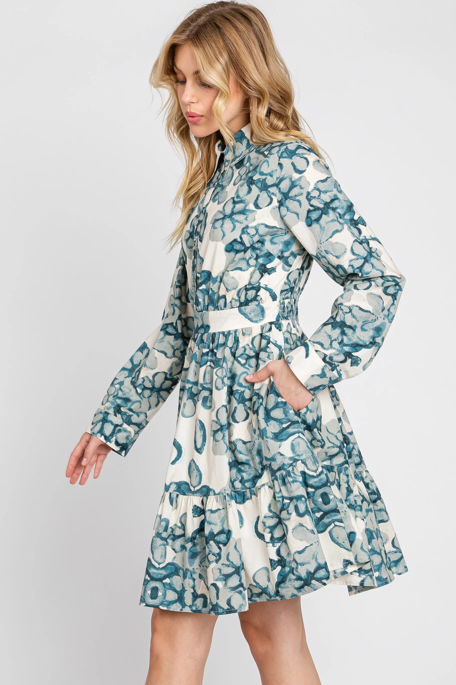 Teal Floral Collared Bottom Ruffle Mini Dress - Image 3