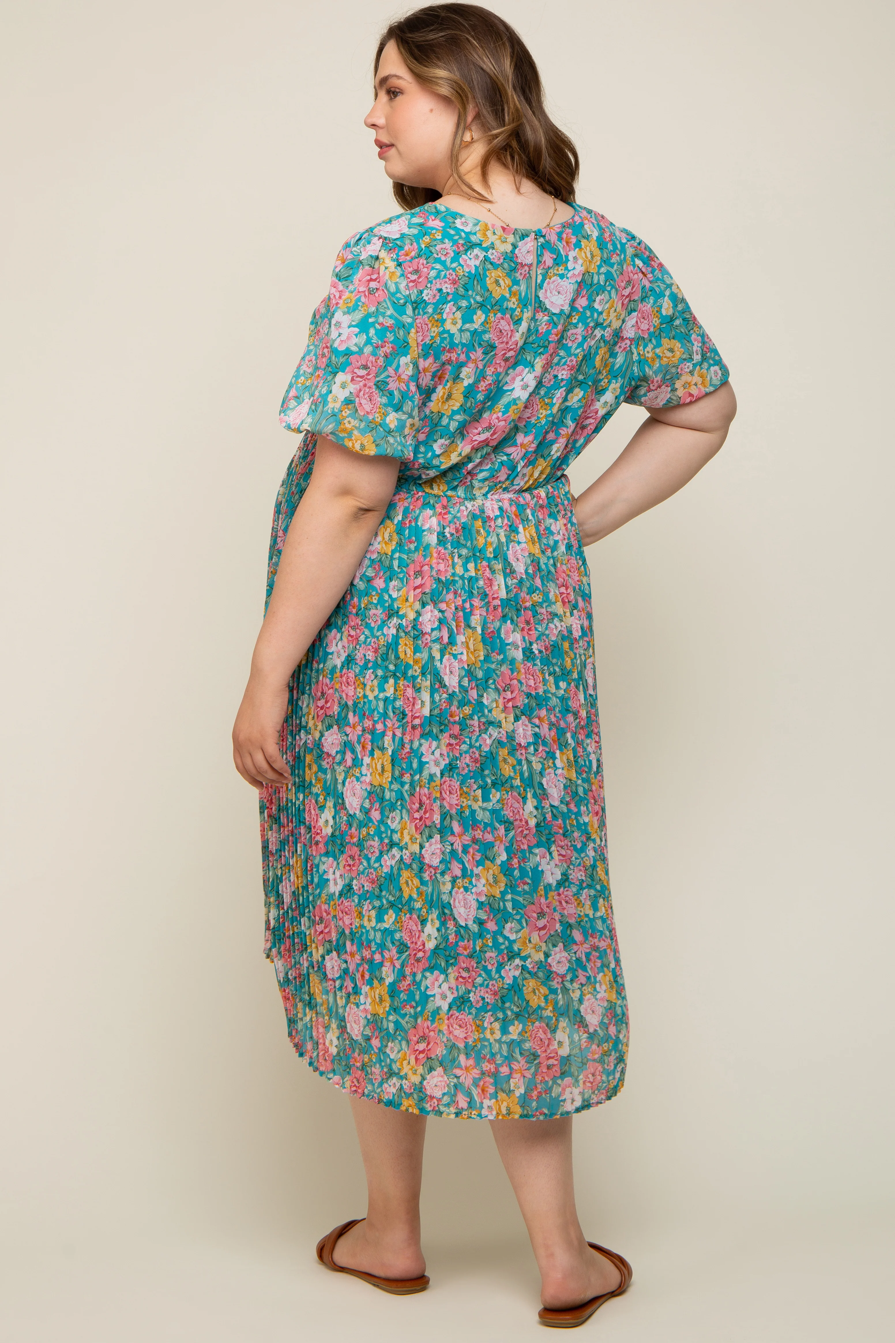 Teal Floral Pleated Maternity Plus Size Midi Dress - Image 4