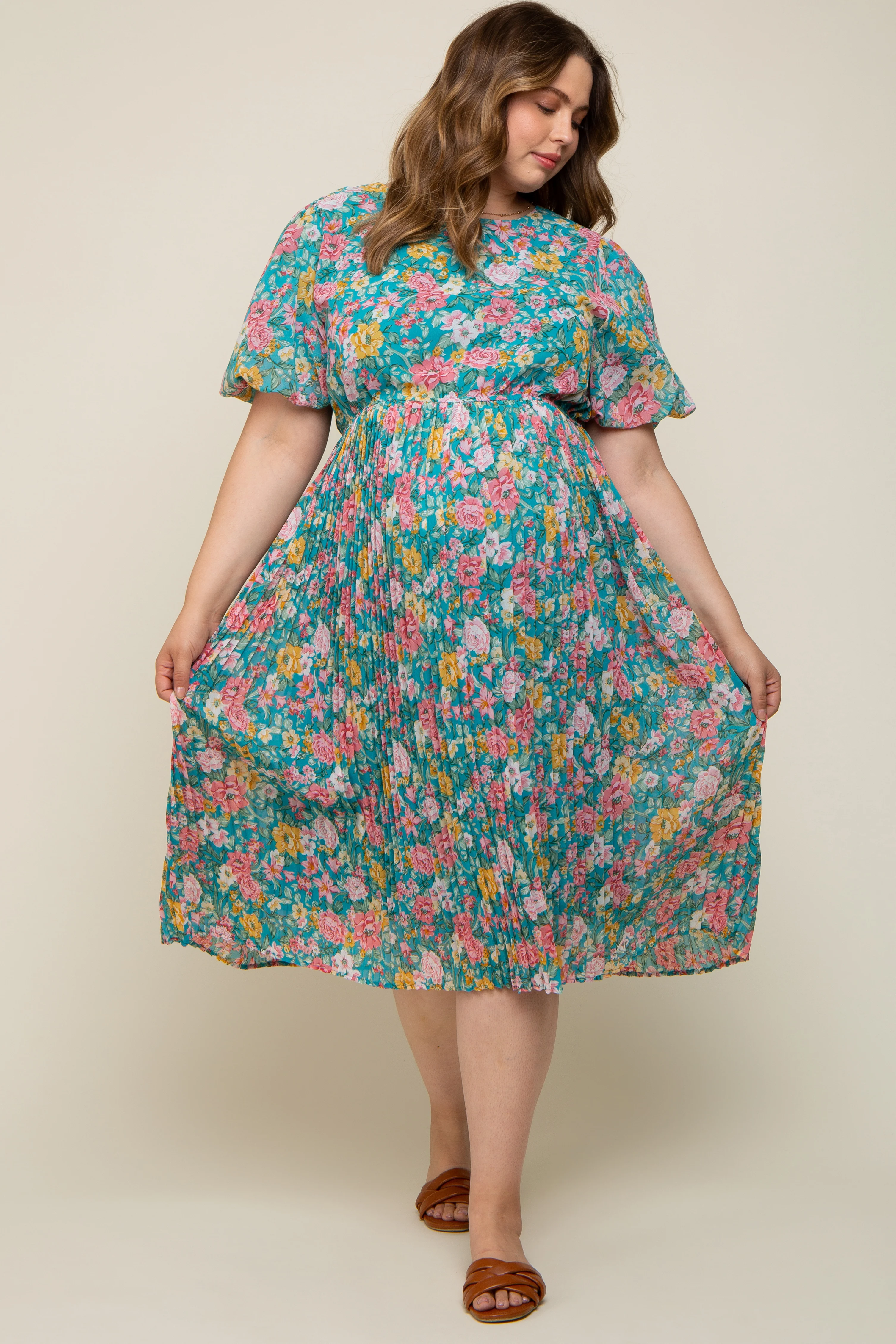 Teal Floral Pleated Maternity Plus Size Midi Dress - Image 5
