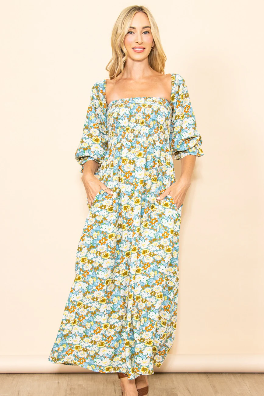 Teal Floral Print Off Shoulder Smocked Maternity Maxi Dress - Image 6