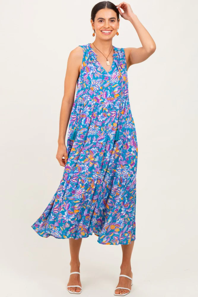 Teal Floral Ruffle Mock Neck Tiered Sleeveless Midi Dress